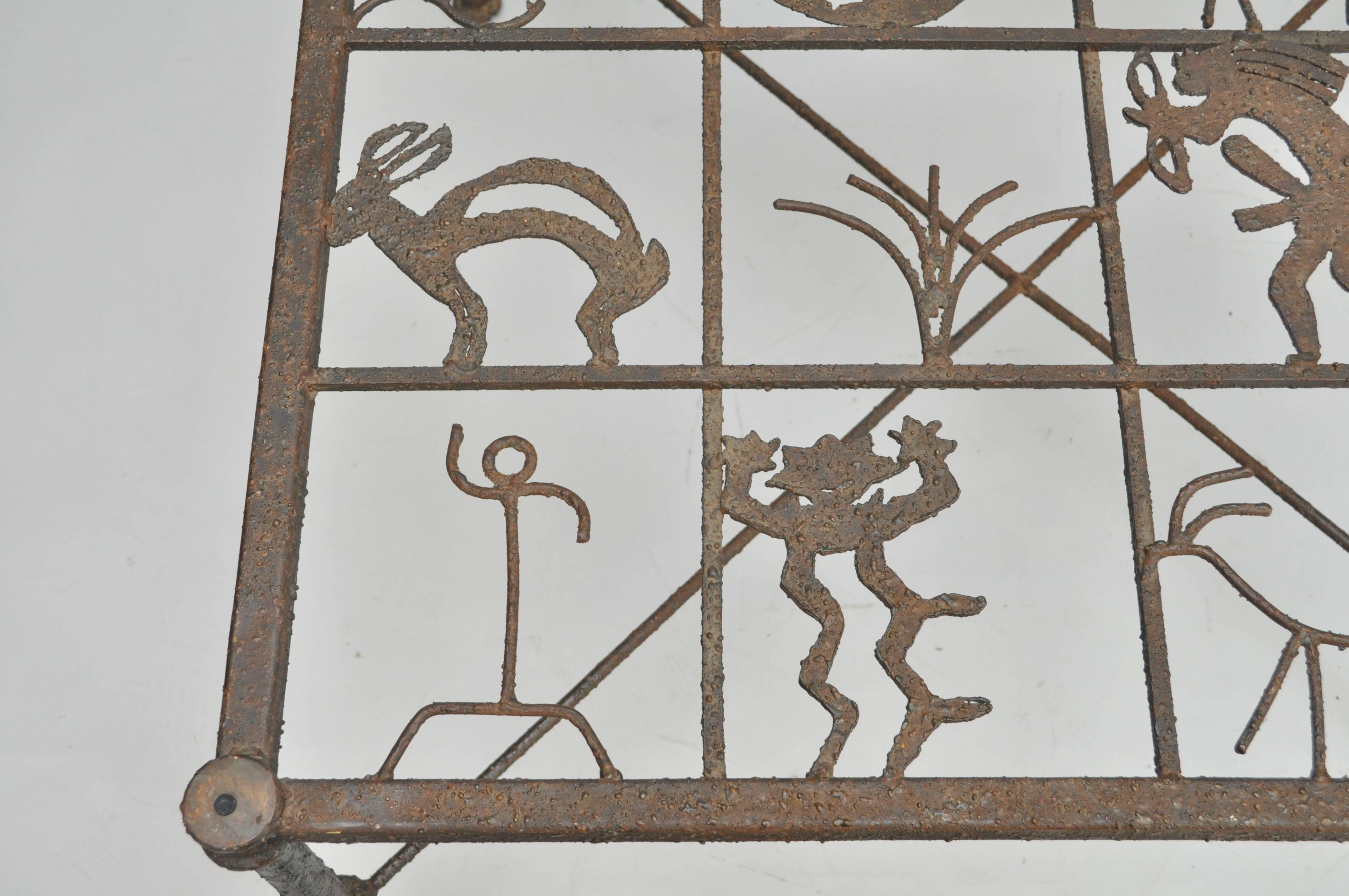 Unknown Metal and Glass Square Brutalist Coffee Table with Native American Glyph Figures For Sale
