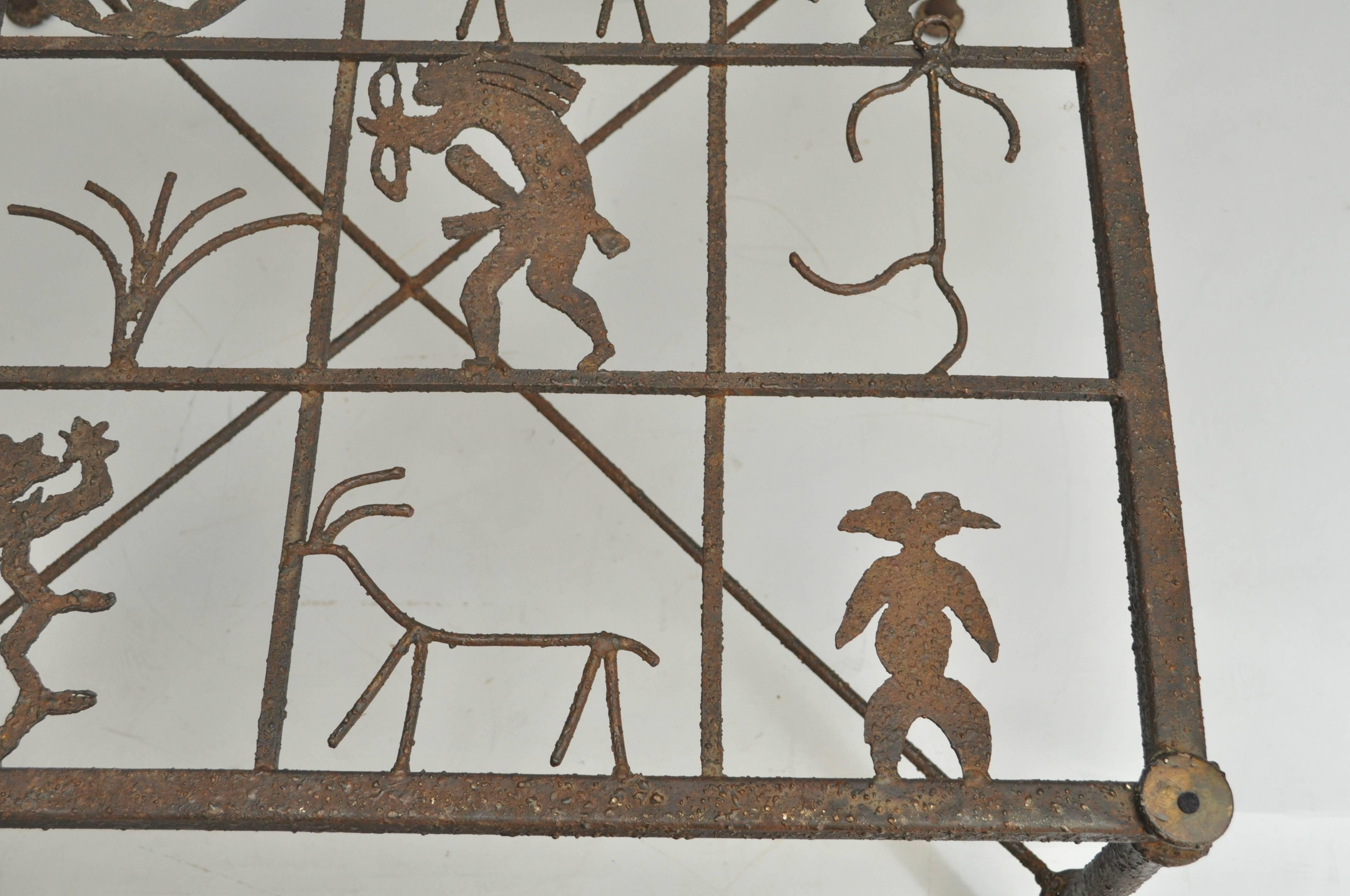 Metal and Glass Square Brutalist Coffee Table with Native American Glyph Figures In Good Condition For Sale In Philadelphia, PA