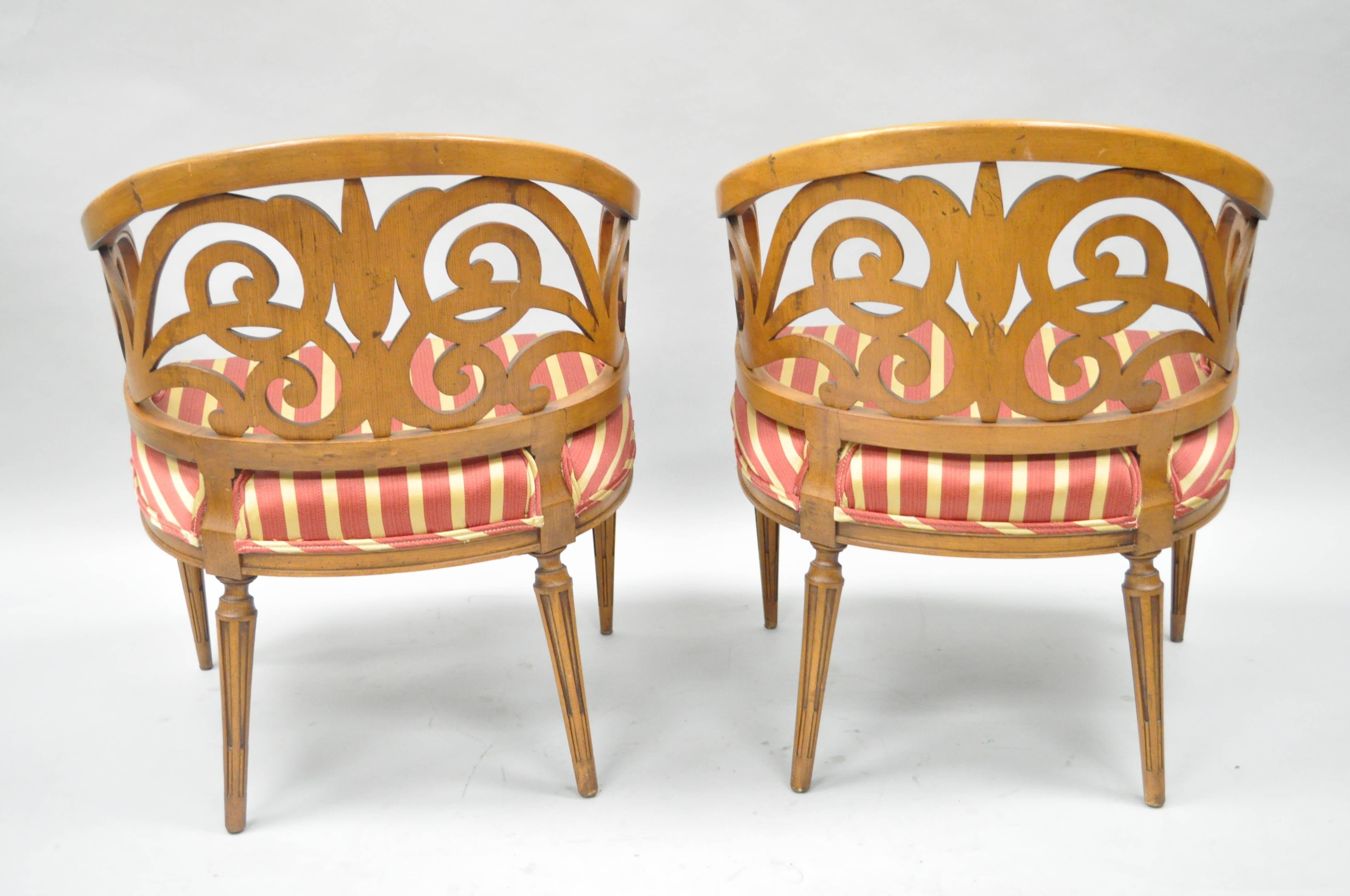 Mid-20th Century Pair of Vintage Barrel Back Hollywood Regency Bellflower Spiral Carved Chairs