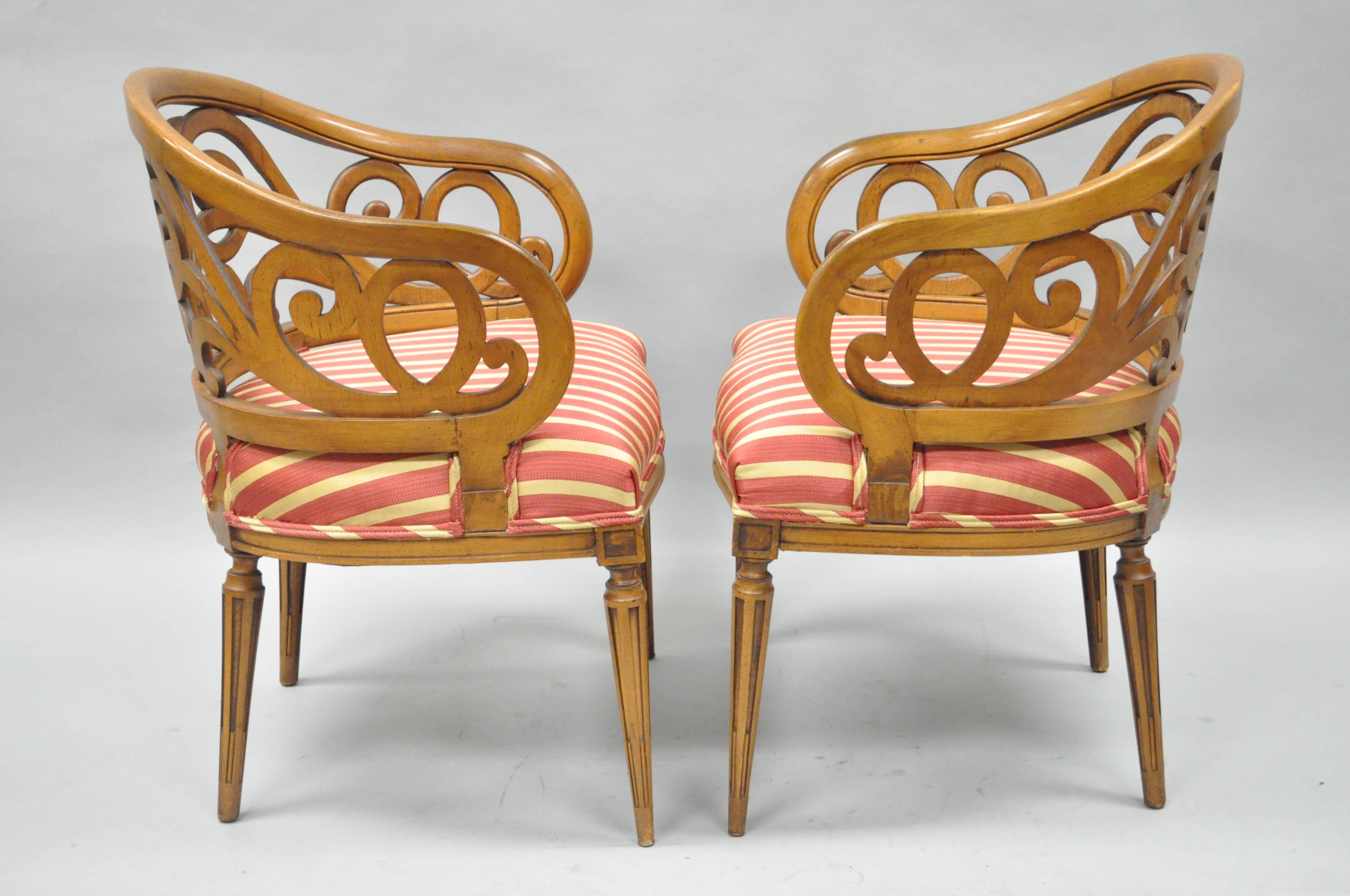 Pair of Vintage Barrel Back Hollywood Regency Bellflower Spiral Carved Chairs In Good Condition In Philadelphia, PA