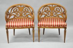 Pair of Vintage Barrel Back Hollywood Regency Bellflower Spiral Carved Chairs