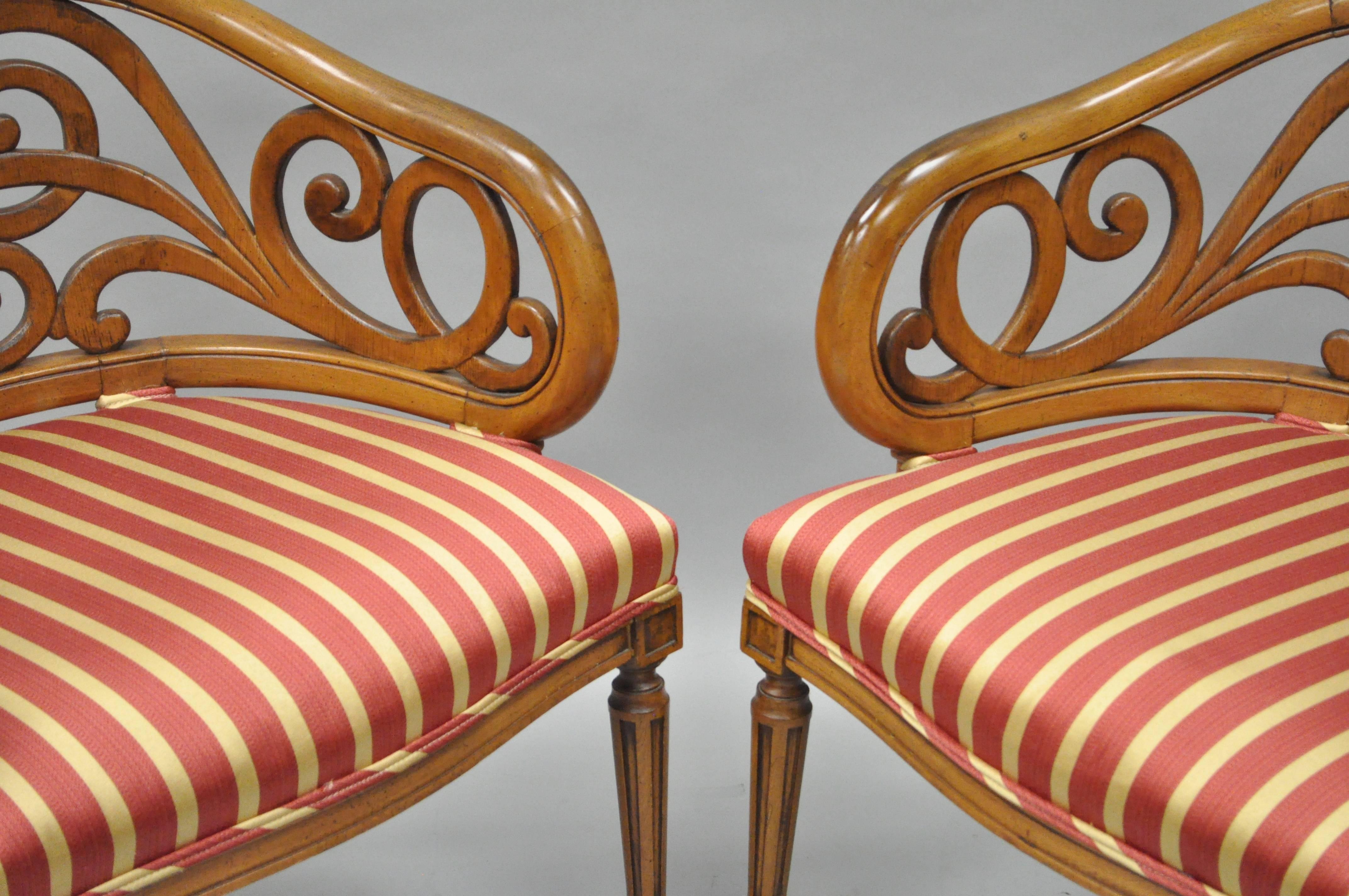 American Pair of Vintage Barrel Back Hollywood Regency Bellflower Spiral Carved Chairs