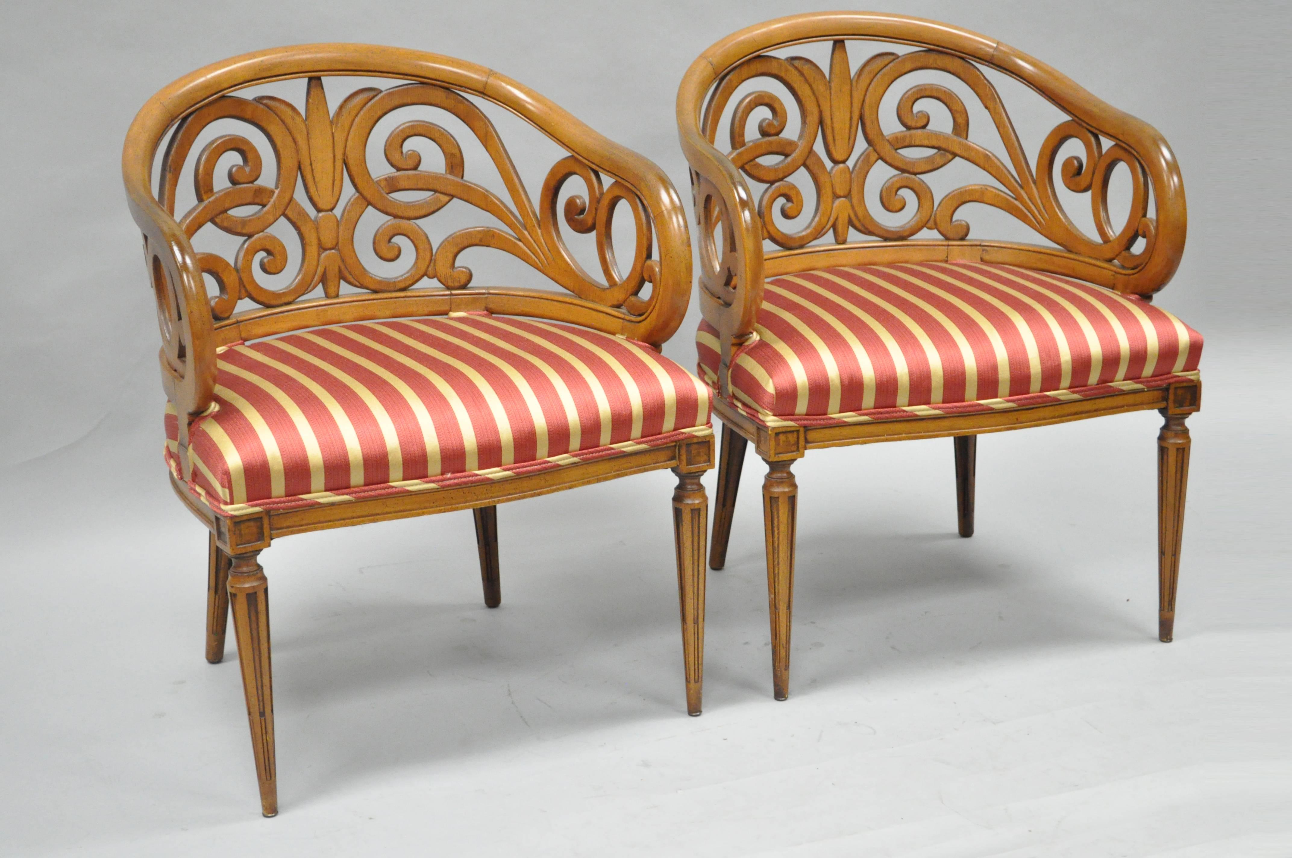 Pair of Vintage Barrel Back Hollywood Regency Bellflower Spiral Carved Chairs 2