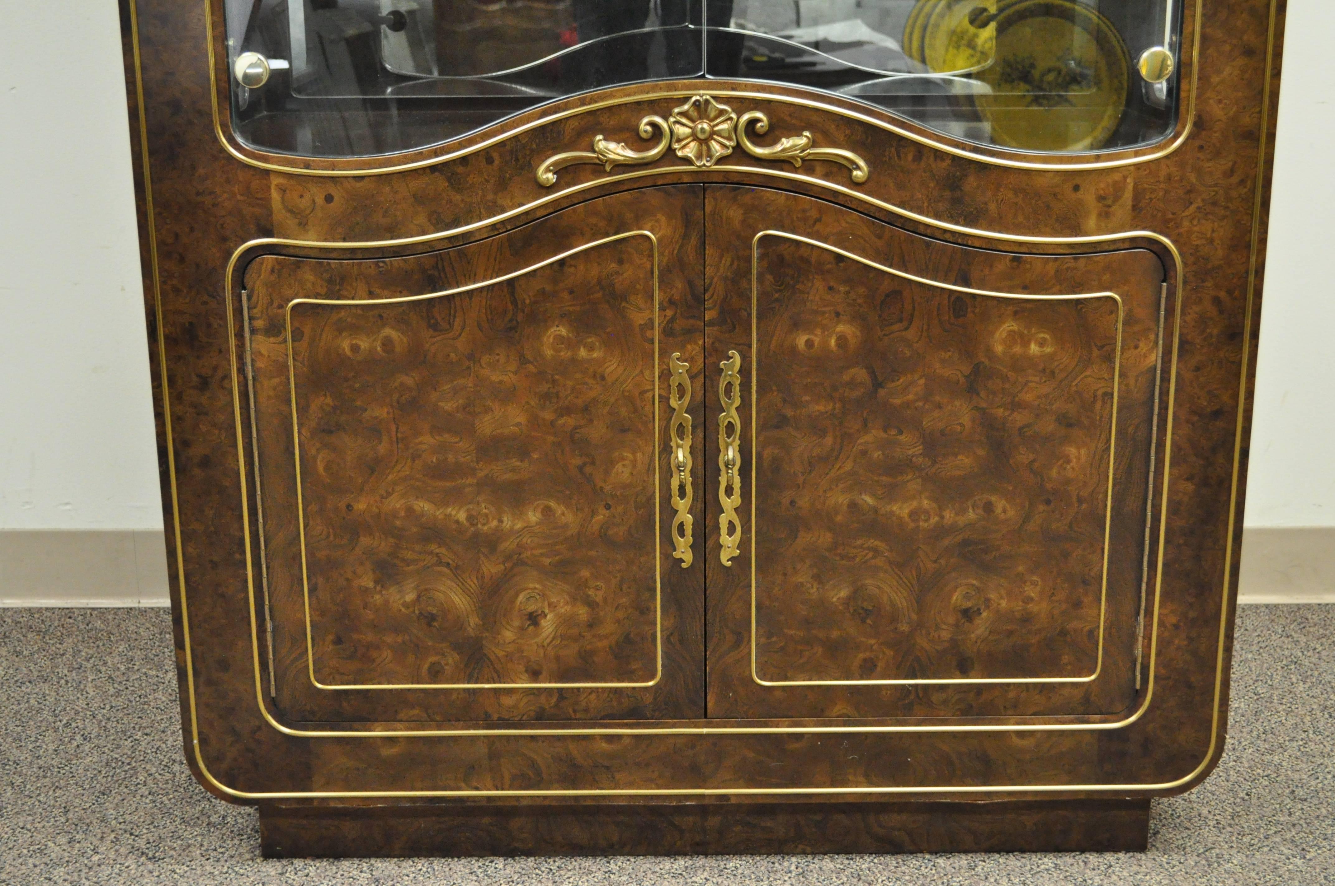 Brass Mastercraft Amboyna Burl Wood French Hollywood Regency Curio Display Cabinet For Sale