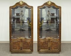 Pair of Mastercraft Amboyna Burl Wood French Hollywood Regency Curio Cabinets