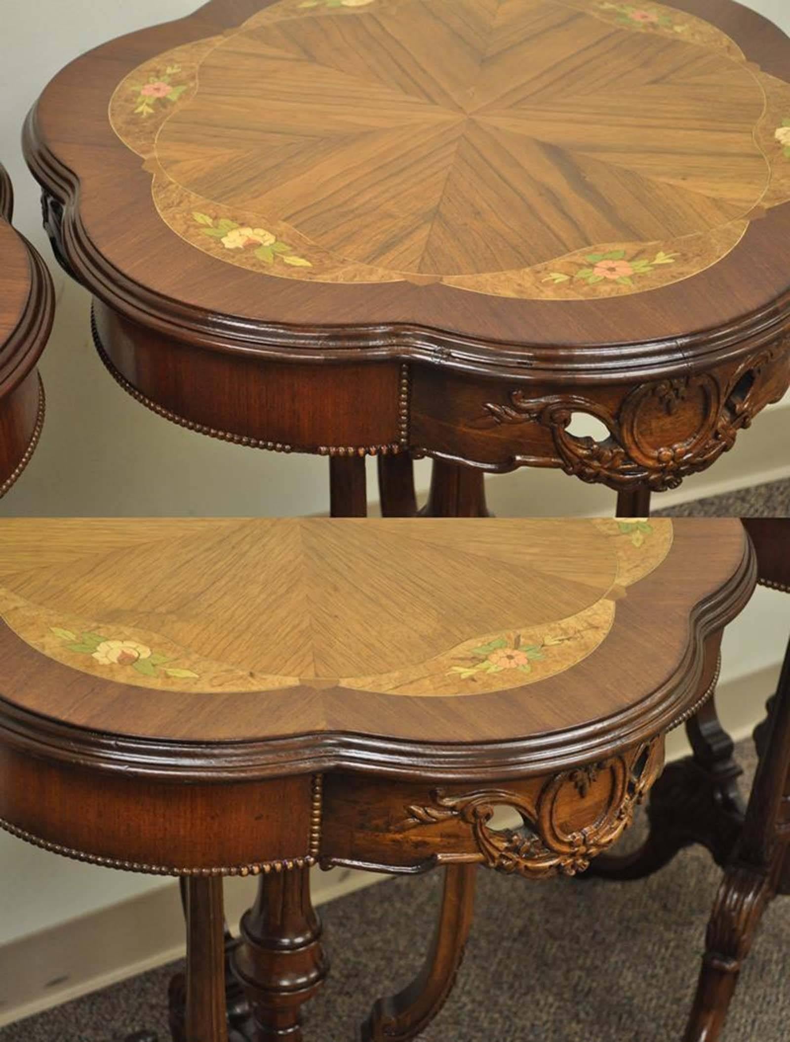 Pair Antique French Louis XV Style Floral Satinwood Inlay Walnut Lamp End Tables 2