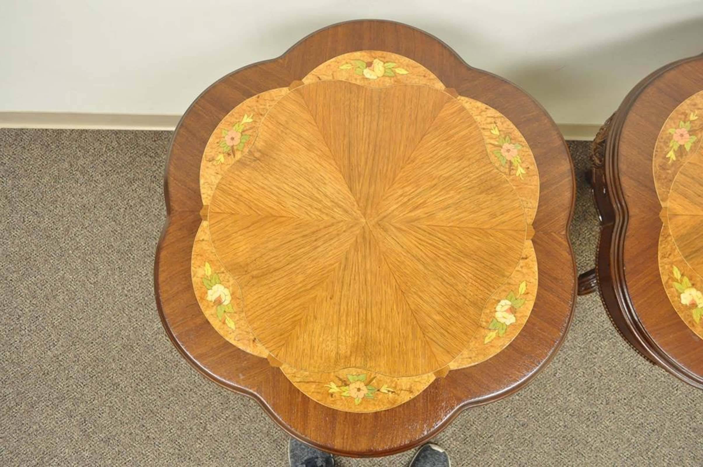 American Pair Antique French Louis XV Style Floral Satinwood Inlay Walnut Lamp End Tables