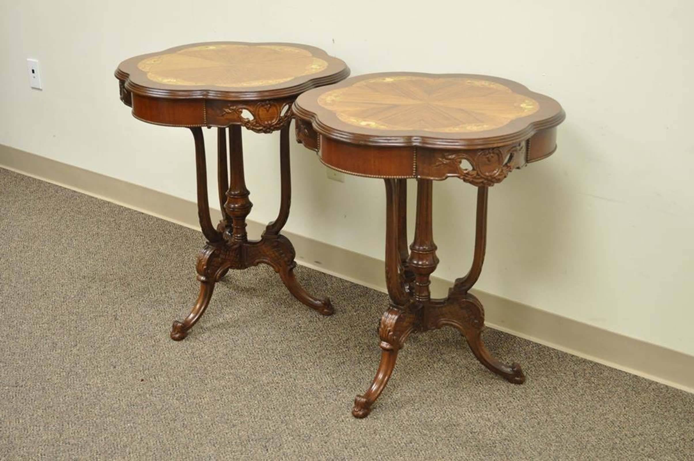 Pair Antique French Louis XV Style Floral Satinwood Inlay Walnut Lamp End Tables 3