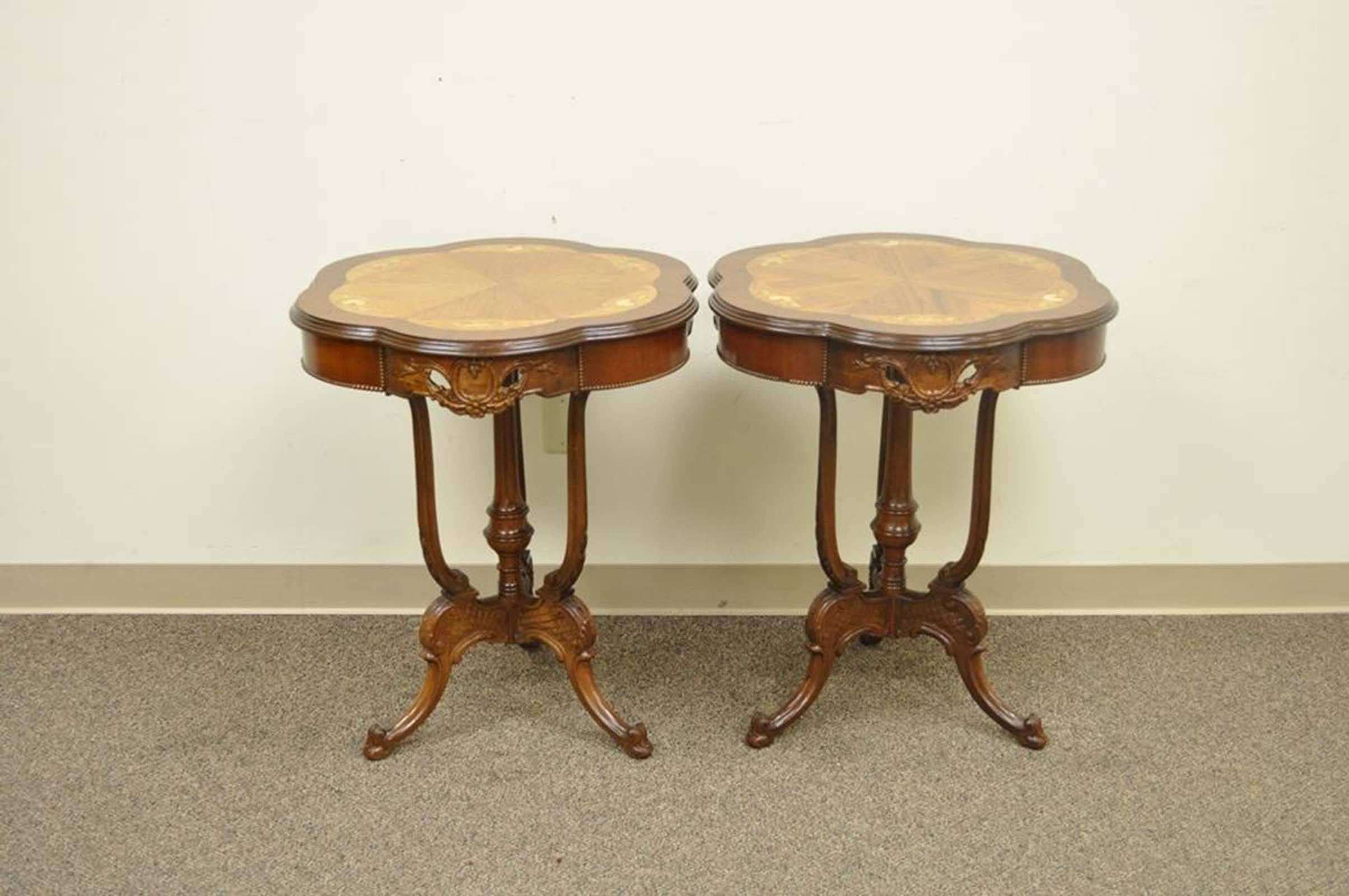 Pair Antique French Louis XV Style Floral Satinwood Inlay Walnut Lamp End Tables 4