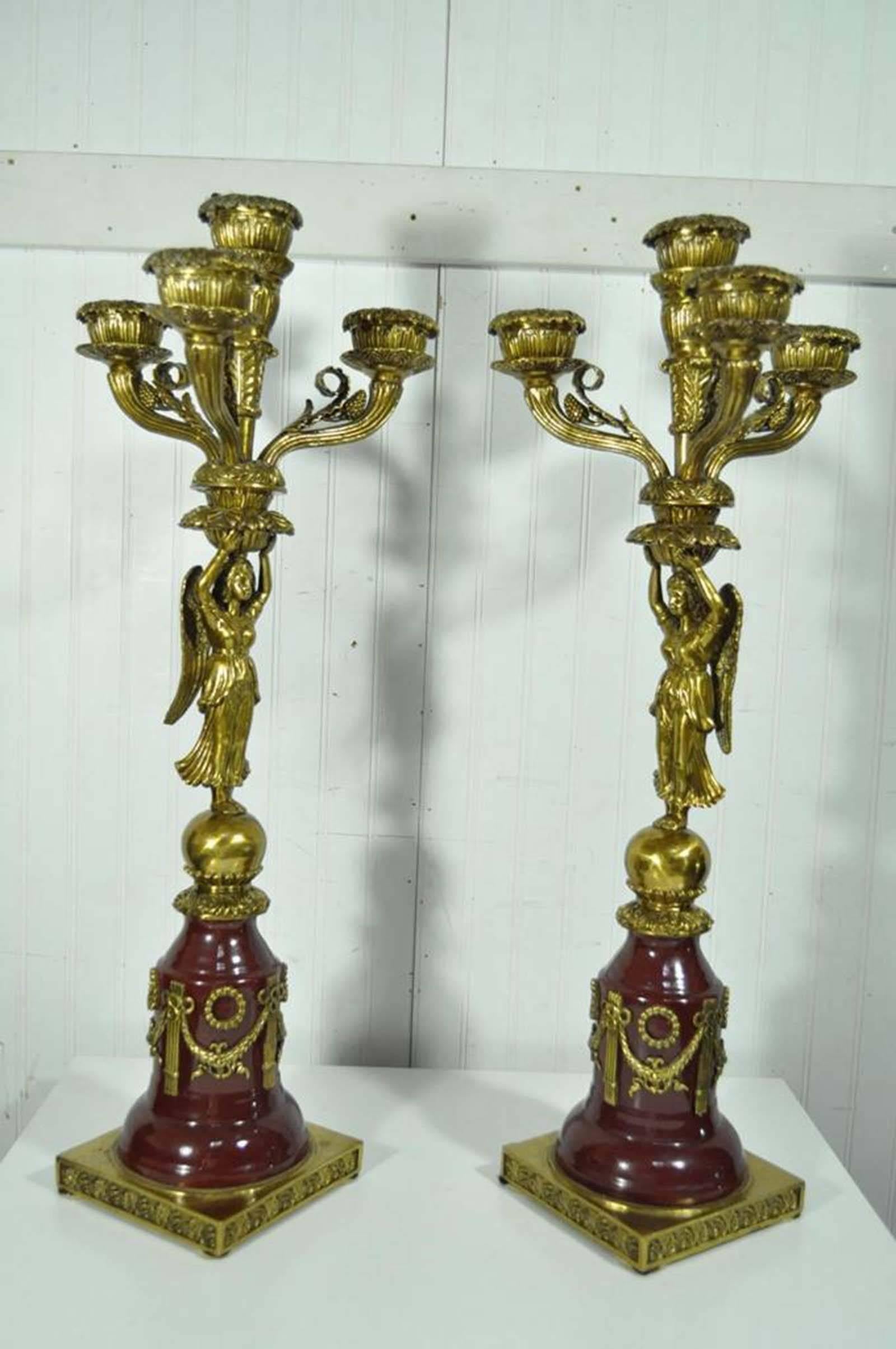 Pair of French Neoclassical Style Bronze and Porcelain Figural Candelabras 4
