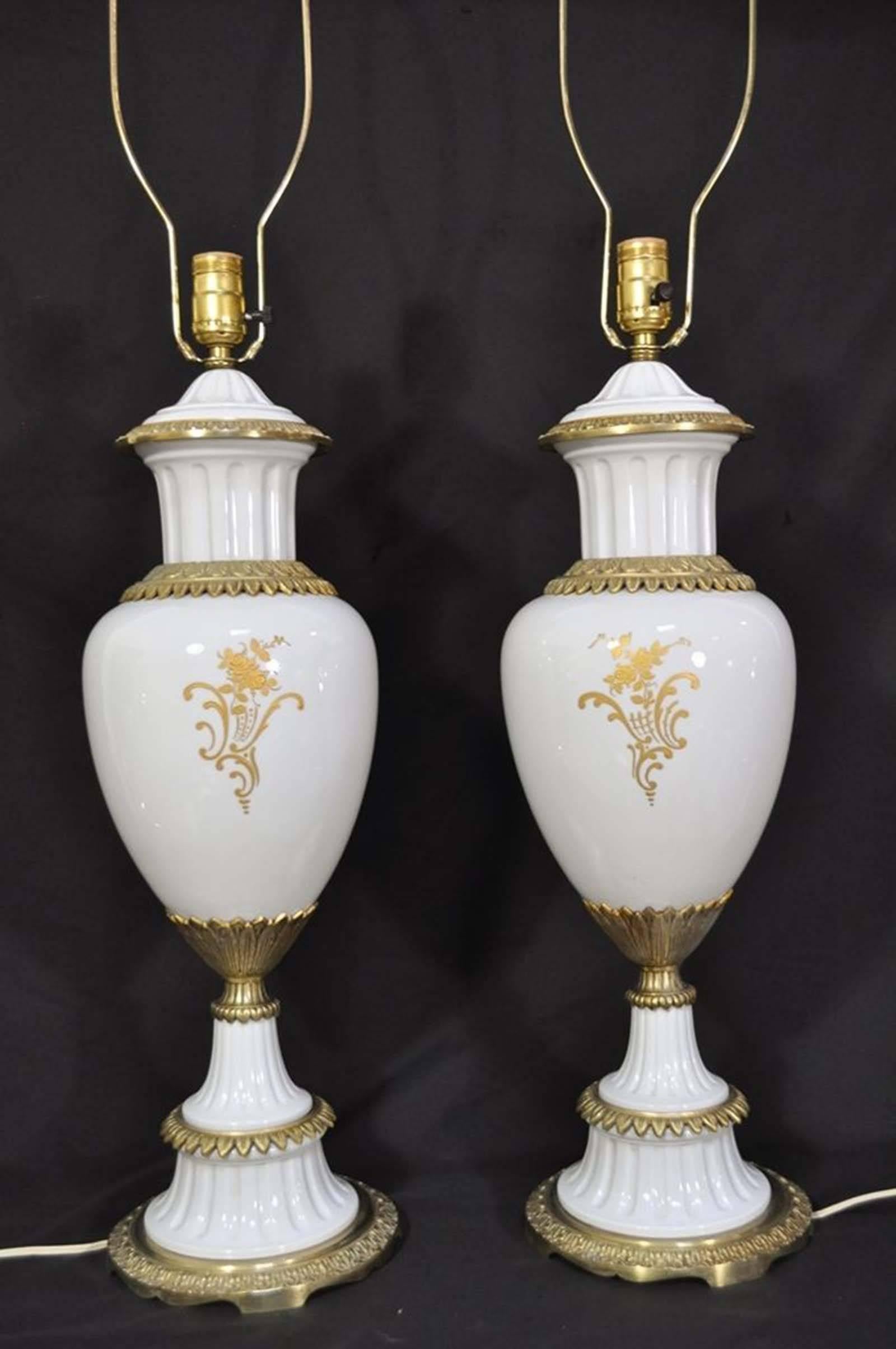 Pair of Sèvres French Hand-Painted Porcelain Urn Form Table Lamps White & Gold In Excellent Condition In Philadelphia, PA