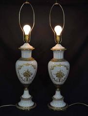 Pair of Sèvres French Hand-Painted Porcelain Urn Form Table Lamps White & Gold