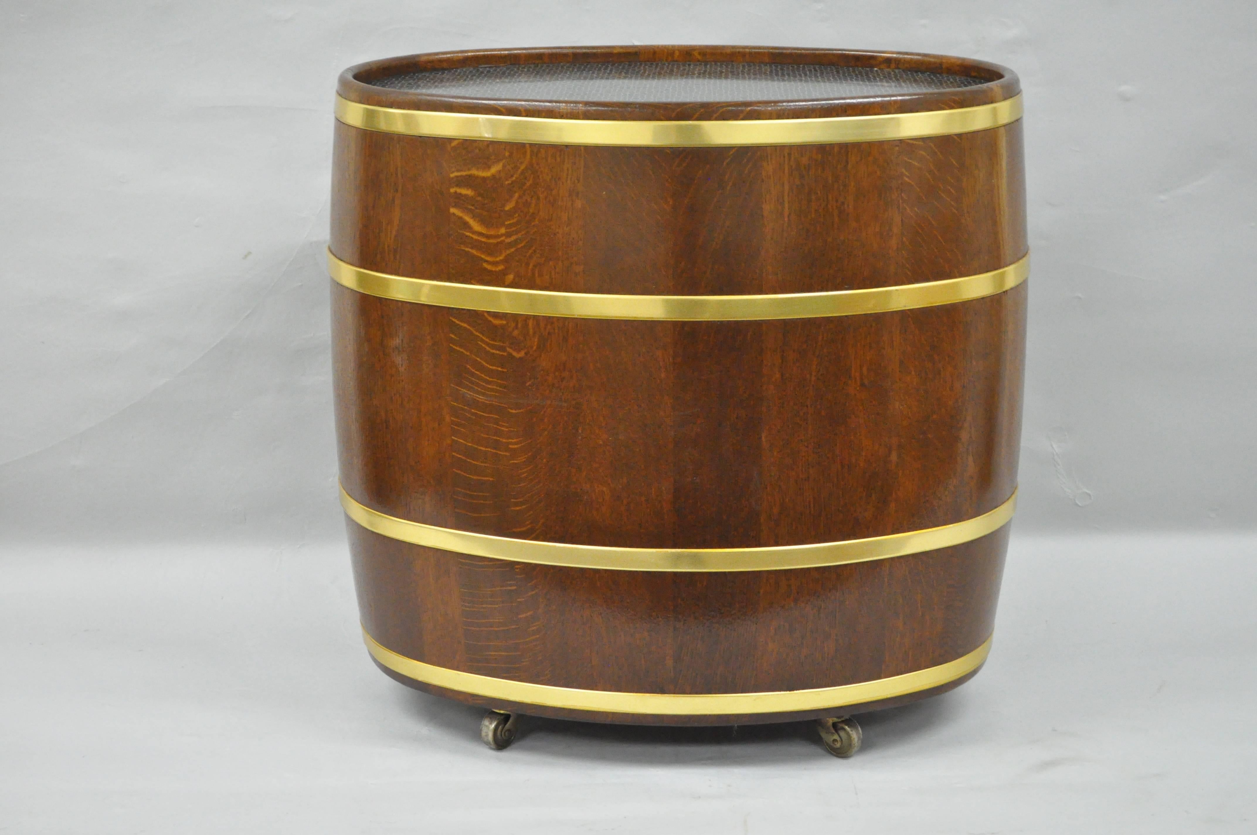 Late 20th Century Vintage Custom Small French Oak & Brass Oval Wine Barrel Bar Cart Cabinet Table