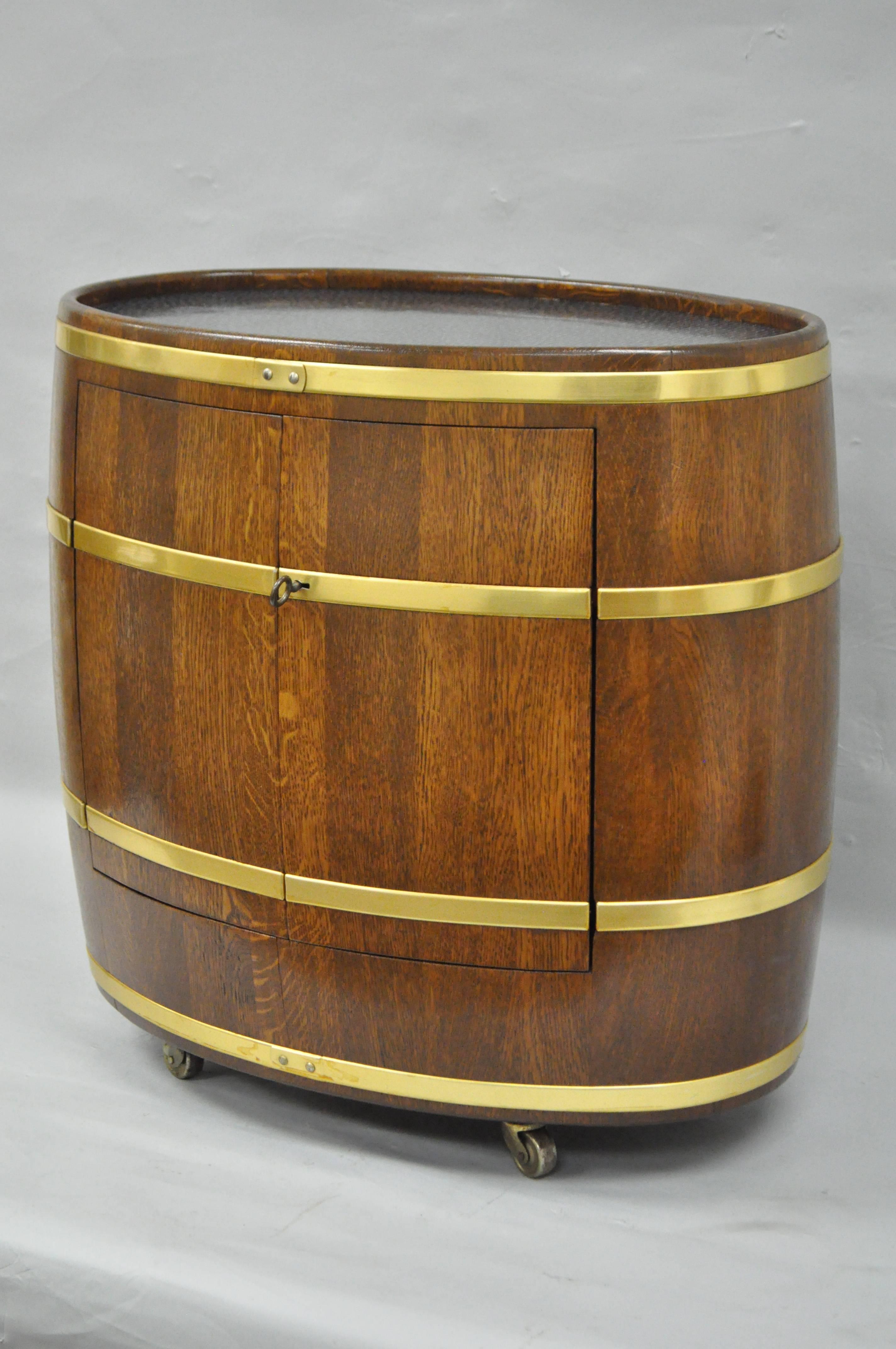 Vintage Custom Small French Oak & Brass Oval Wine Barrel Bar Cart Cabinet Table 1