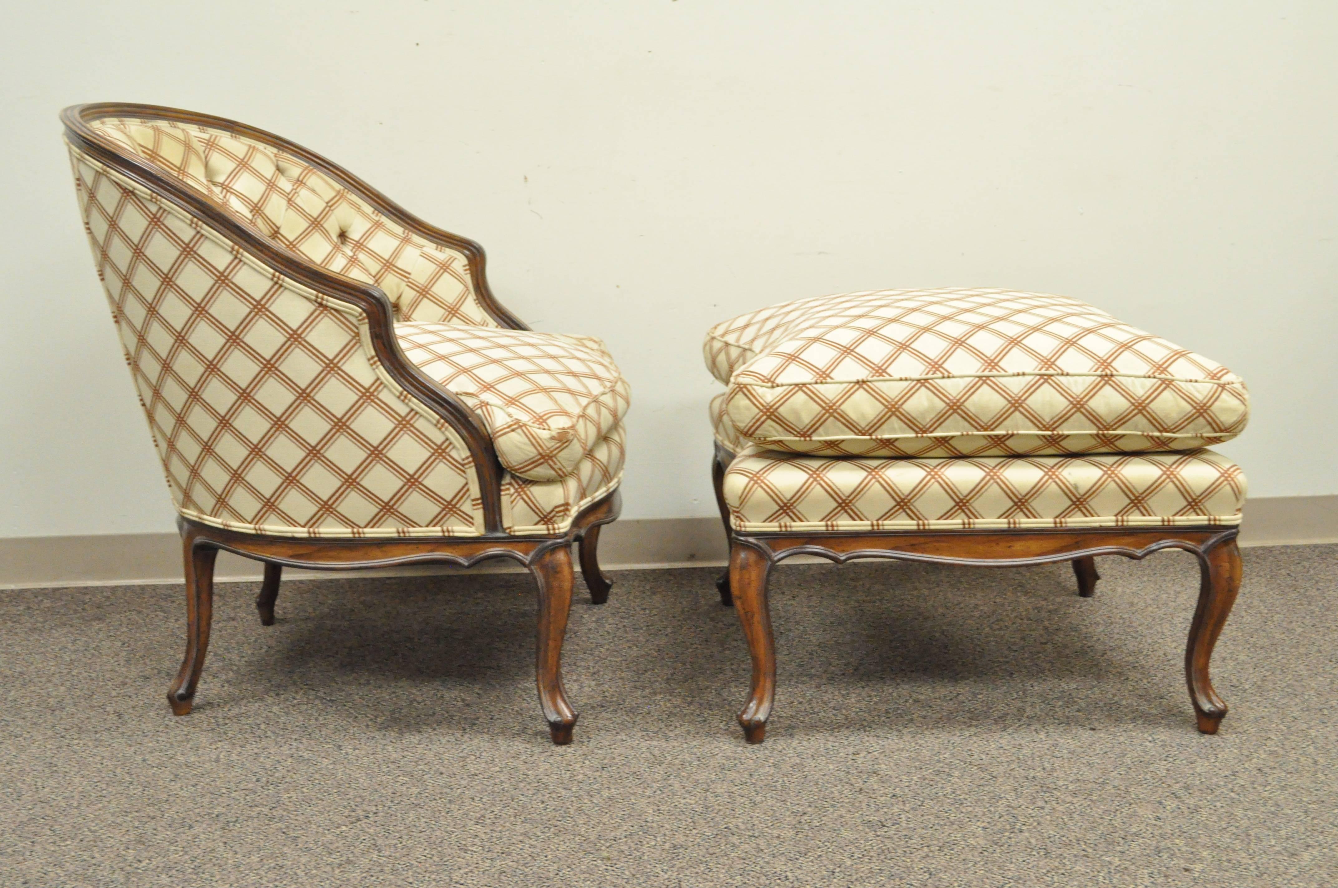Walnut Vintage Country French Louis XV Style Barrel Back Bergere Lounge Chair & Ottoman