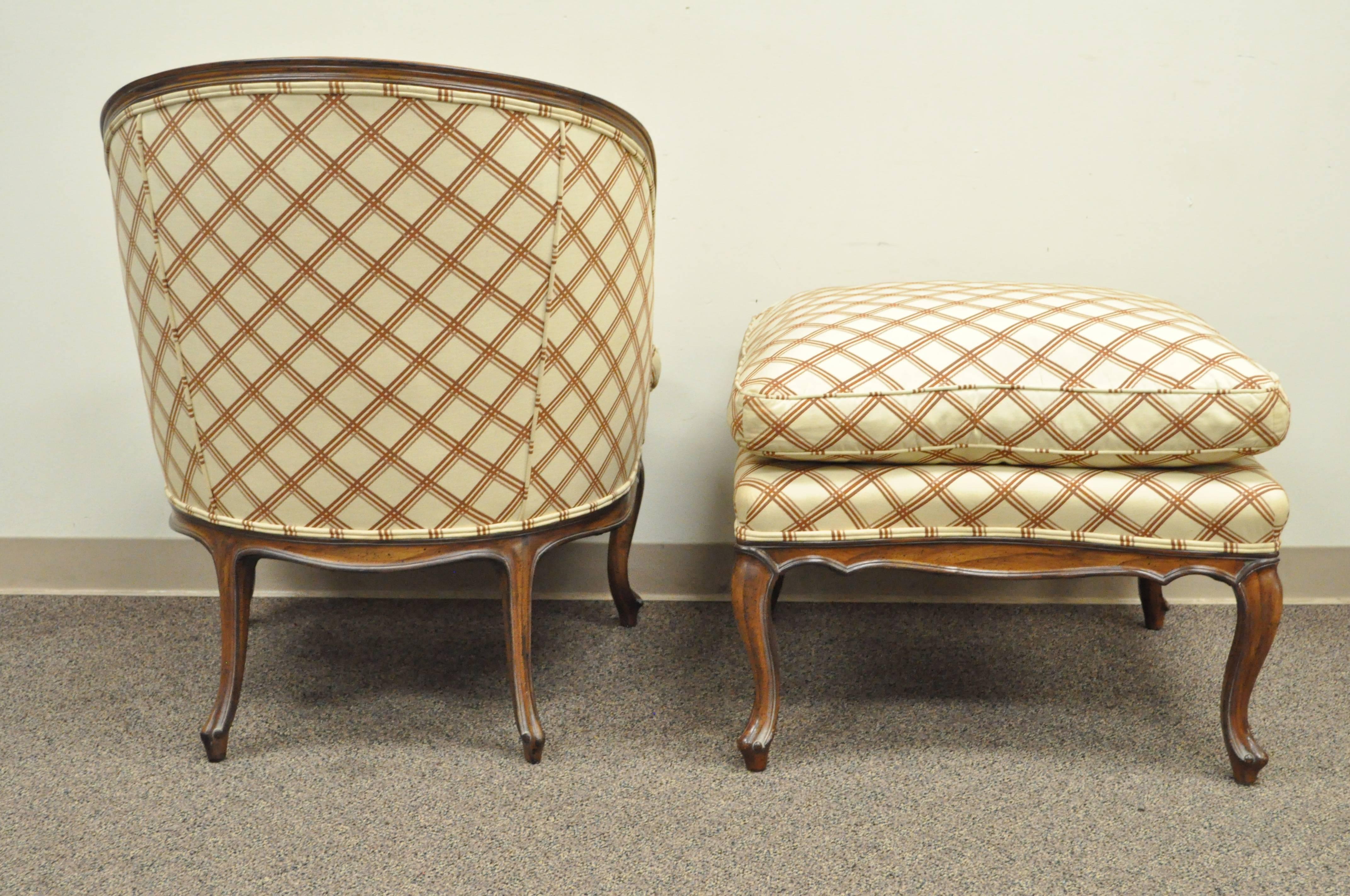 Mid-20th Century Vintage Country French Louis XV Style Barrel Back Bergere Lounge Chair & Ottoman