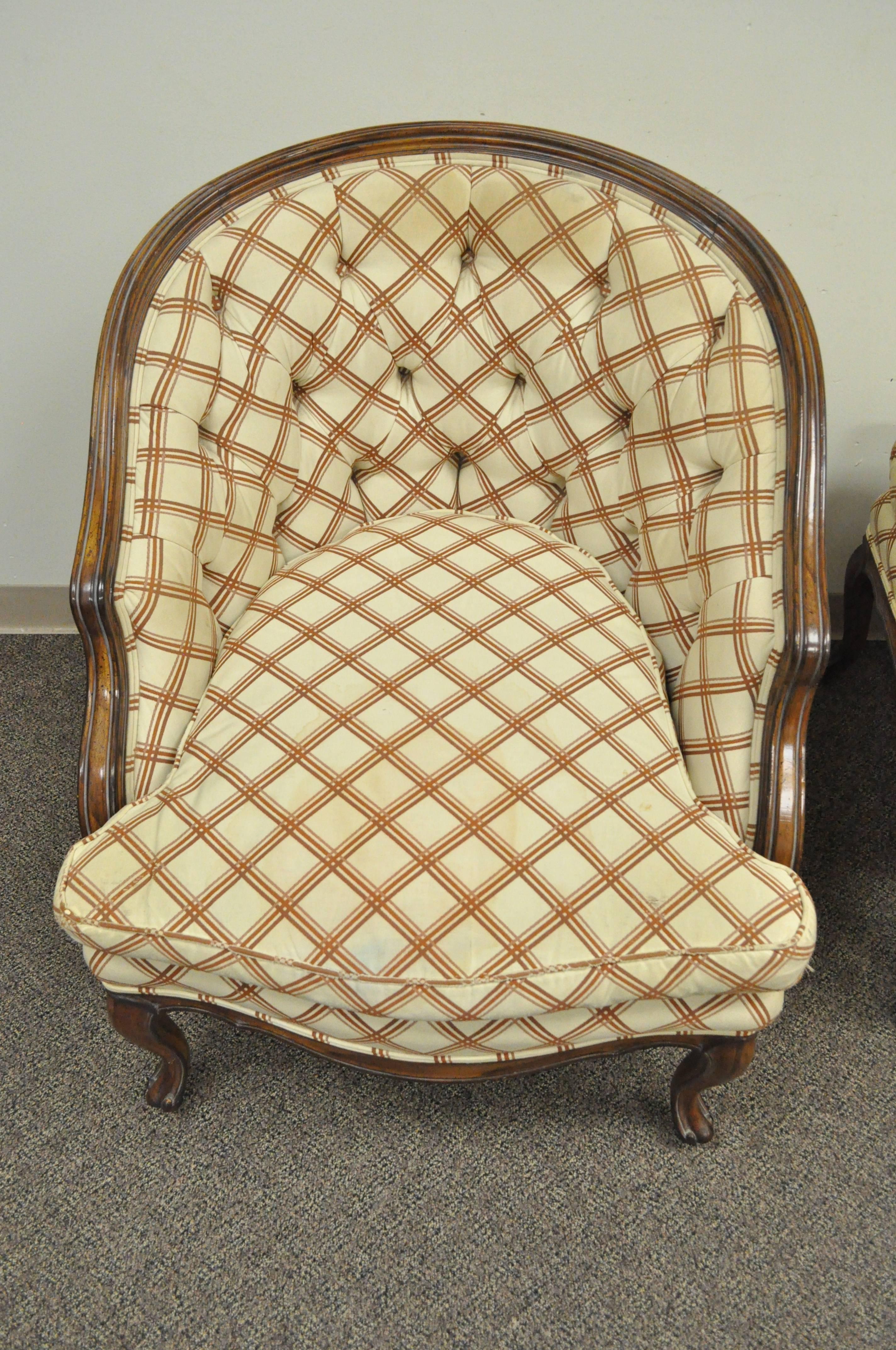 Carved Vintage Country French Louis XV Style Barrel Back Bergere Lounge Chair & Ottoman
