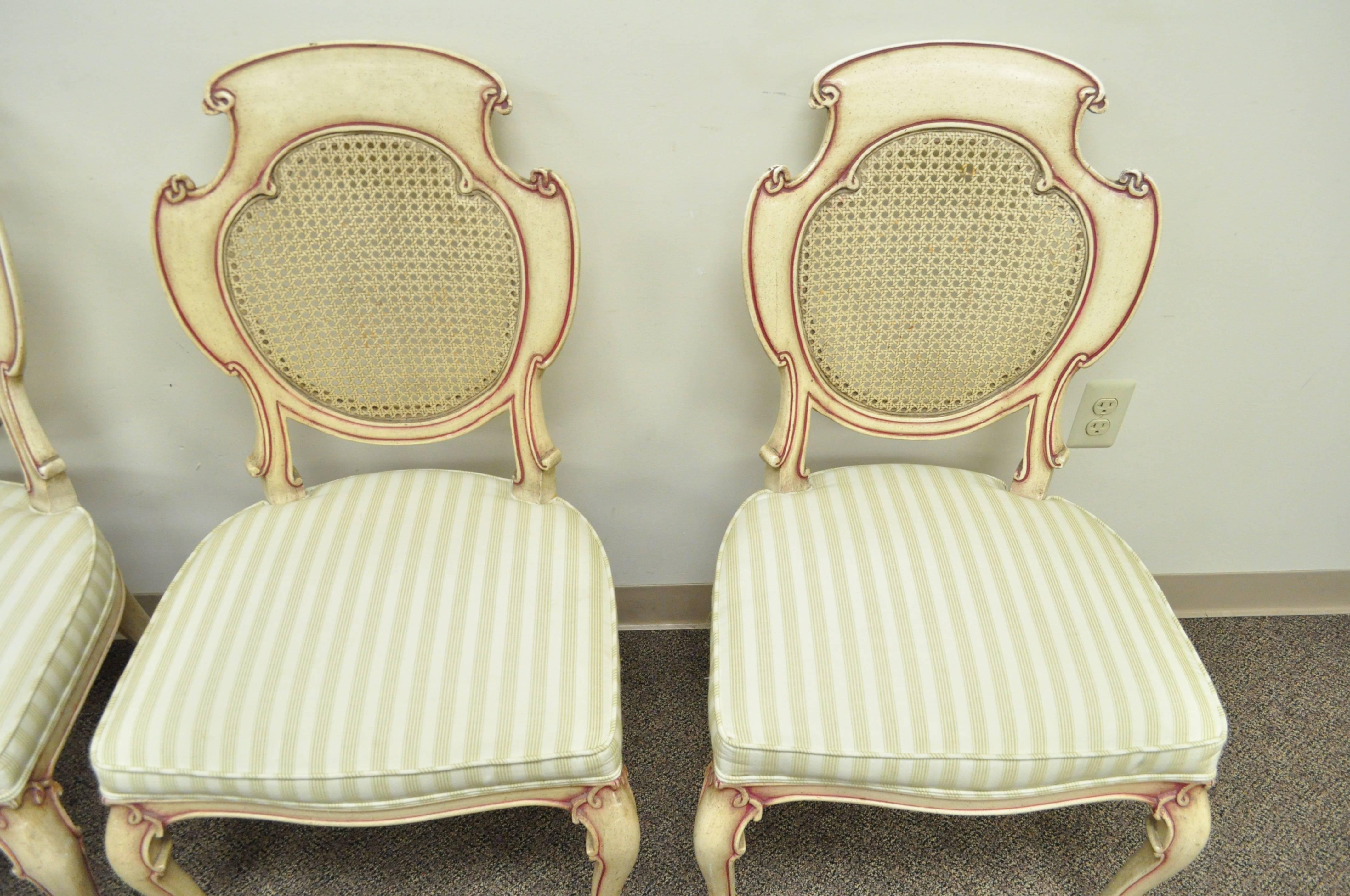 Four Scroll Carved Italian Hollywood Regency Cream Pink Cane Back Dining Chairs 1