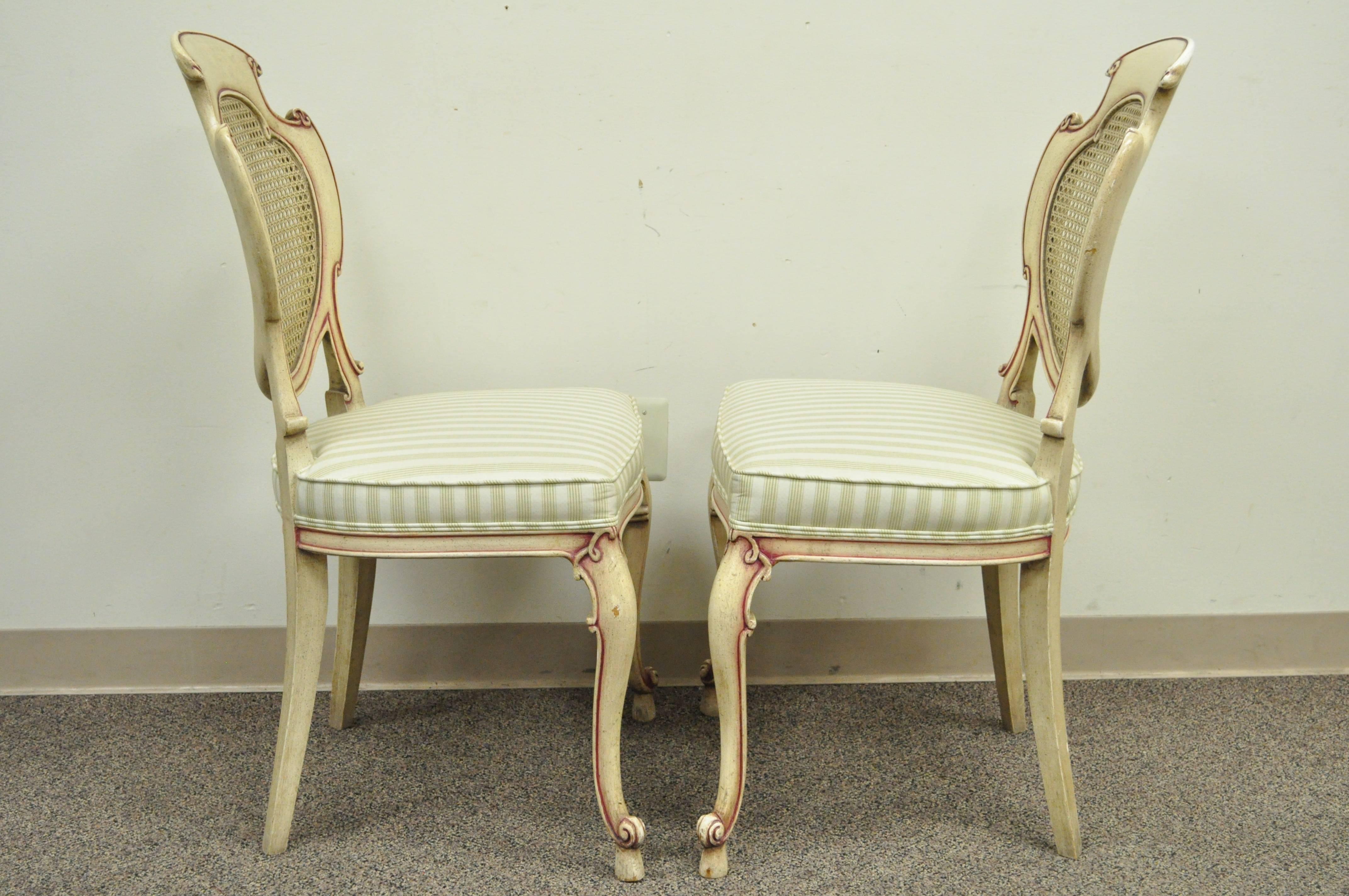 Four Scroll Carved Italian Hollywood Regency Cream Pink Cane Back Dining Chairs 4