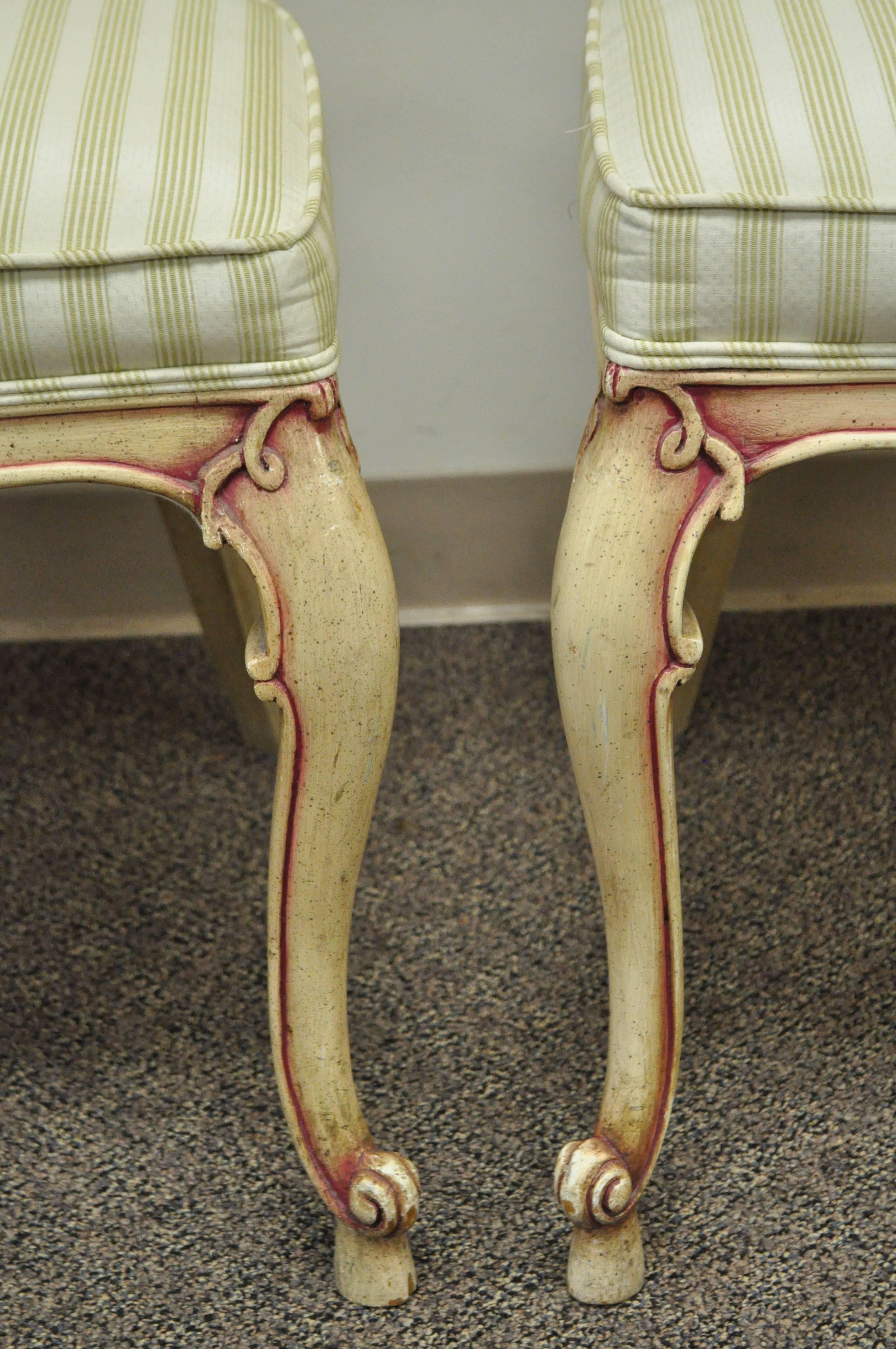 Wood Four Scroll Carved Italian Hollywood Regency Cream Pink Cane Back Dining Chairs