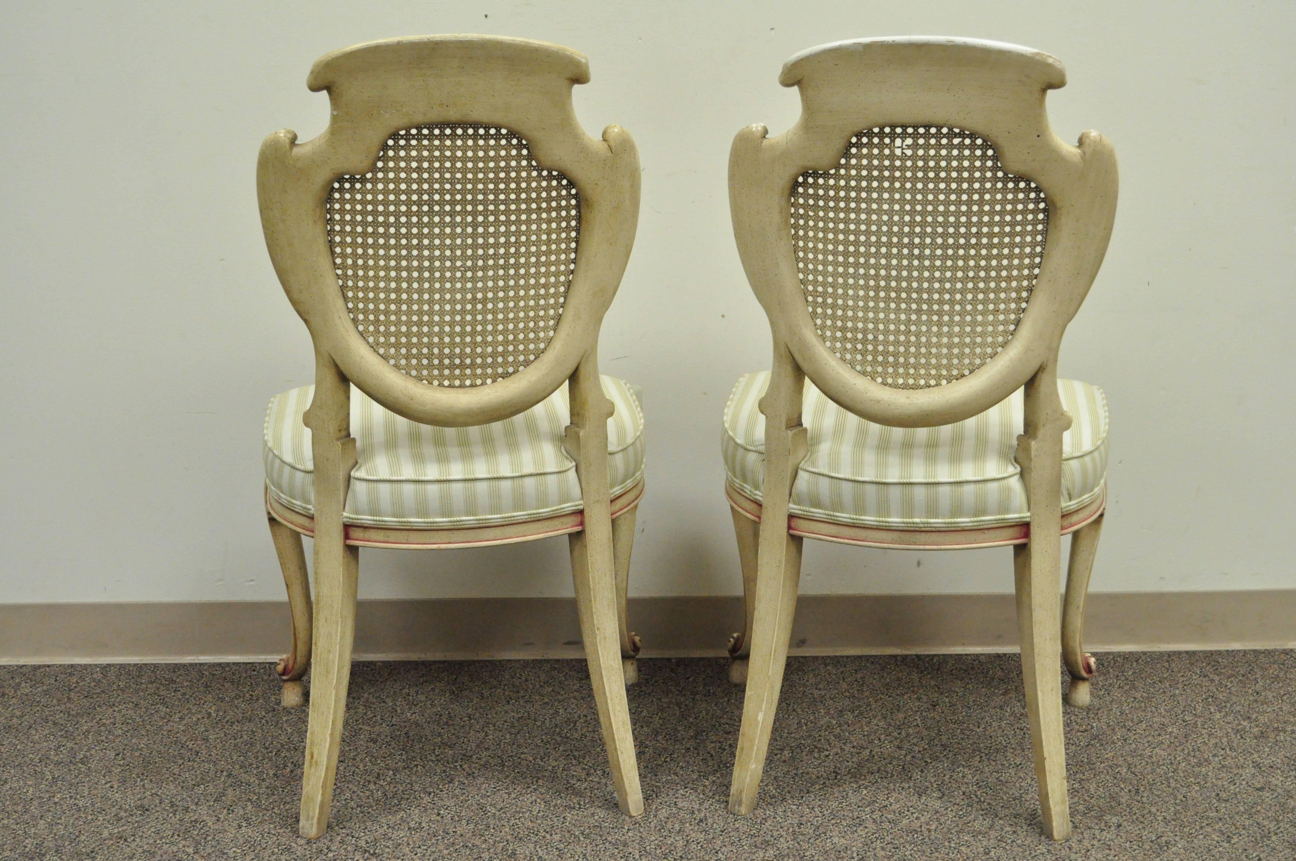 Four Scroll Carved Italian Hollywood Regency Cream Pink Cane Back Dining Chairs 5