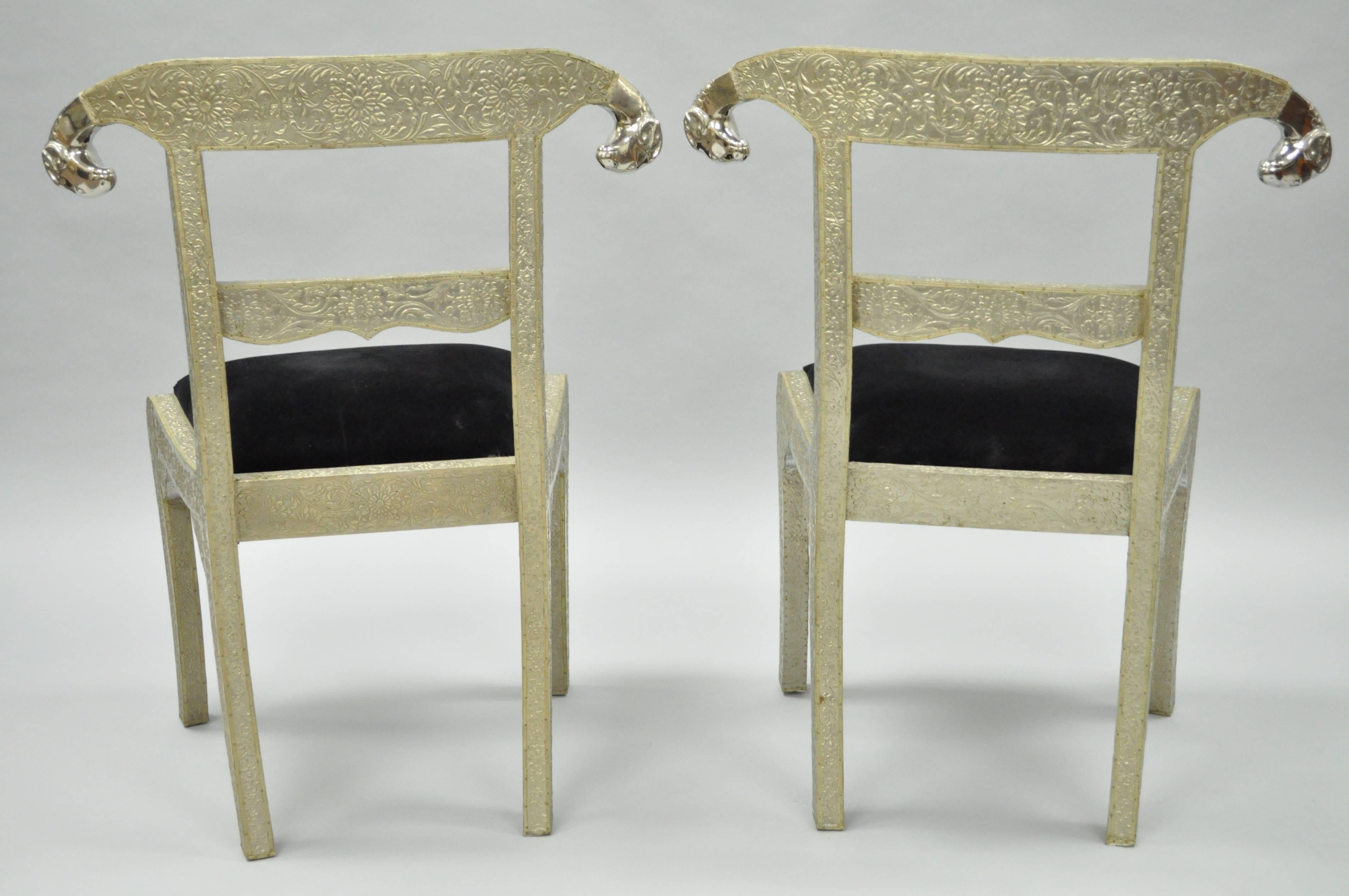 Late 20th Century Pair of Rams Head Metal Wrapped Anglo Indian Regency Style Dowry Wedding Chairs