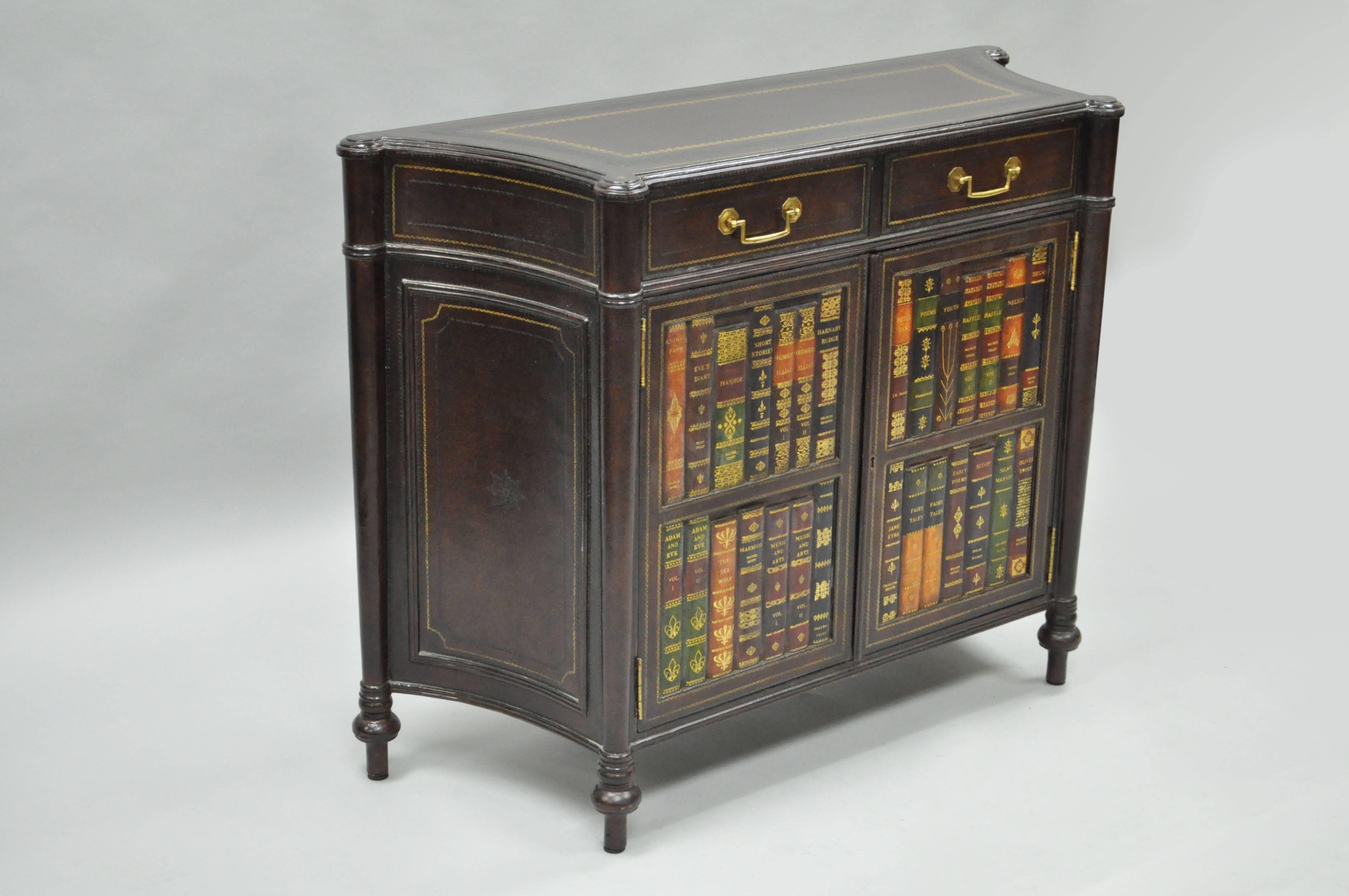 Very unique 20th century tooled leather demilune cabinet by Maitland Smith. Item features a shapely solid wood frame with embossed tooled leather top, front, and sides. Cabinet further features two drawers and two lower swing doors with faux book