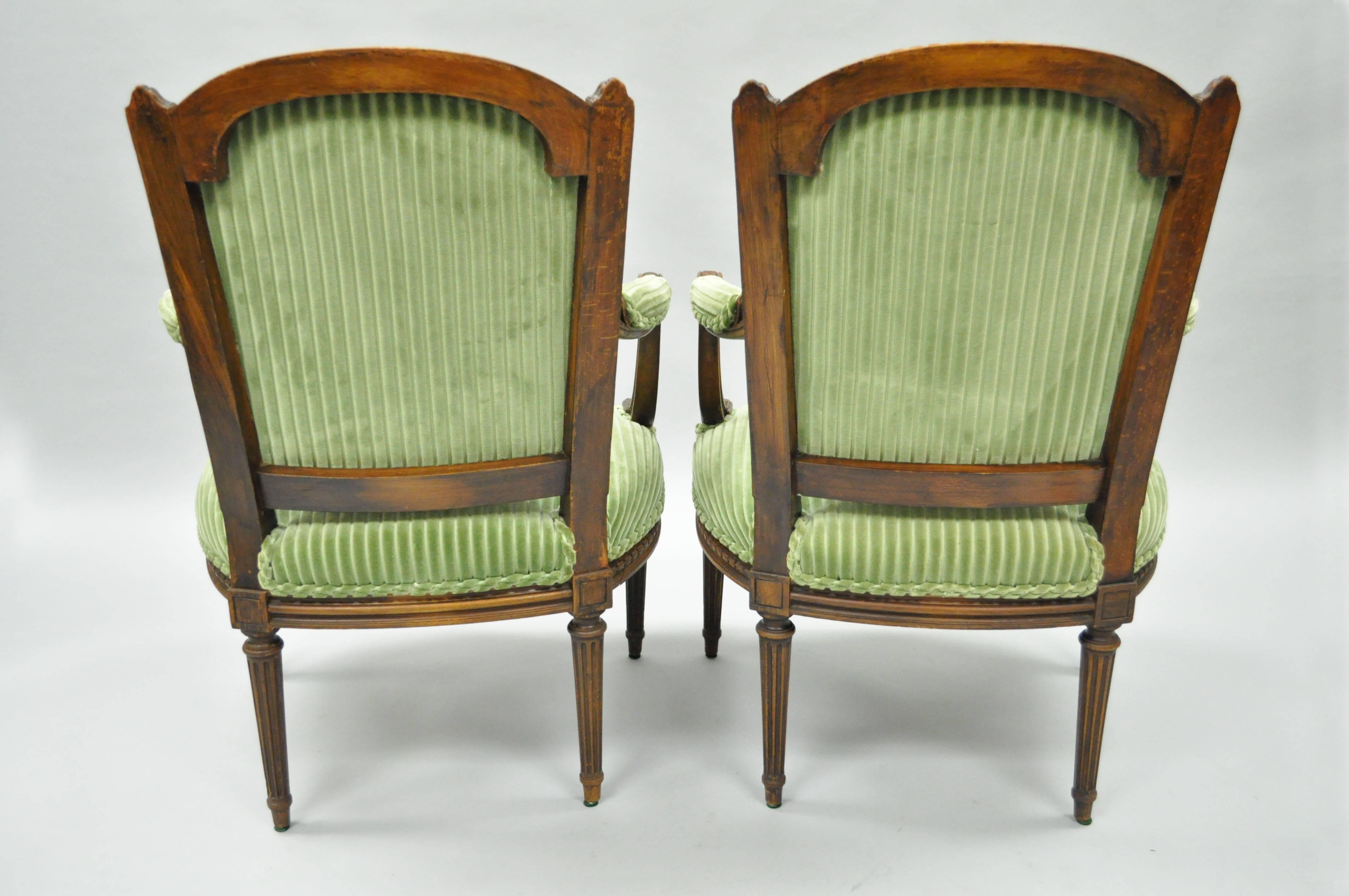Pair of French Louix XVI Directoire Carved Walnut Green Fauteuil Arm Chairs 2