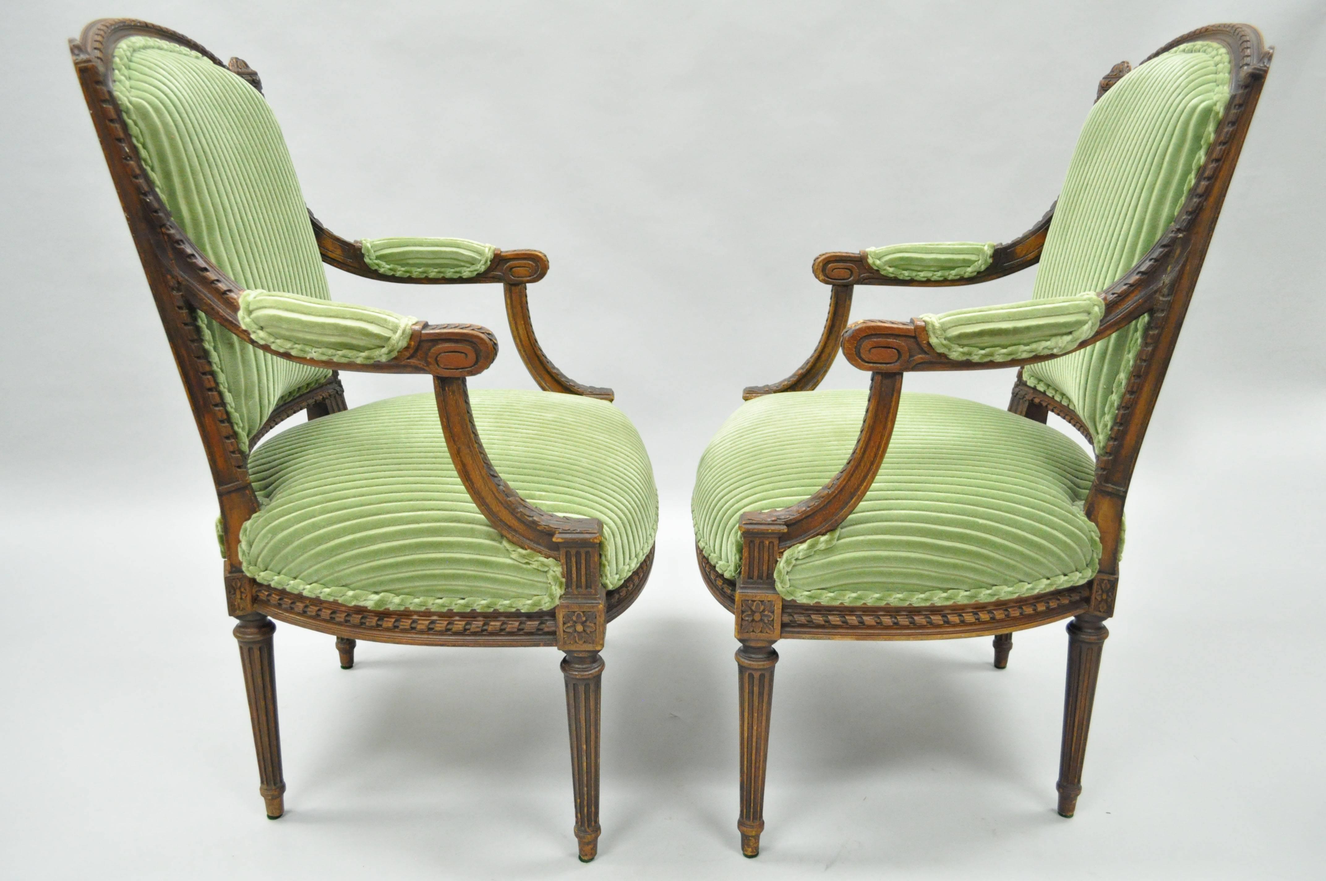 Pair of French Louix XVI Directoire Carved Walnut Green Fauteuil Arm Chairs 4