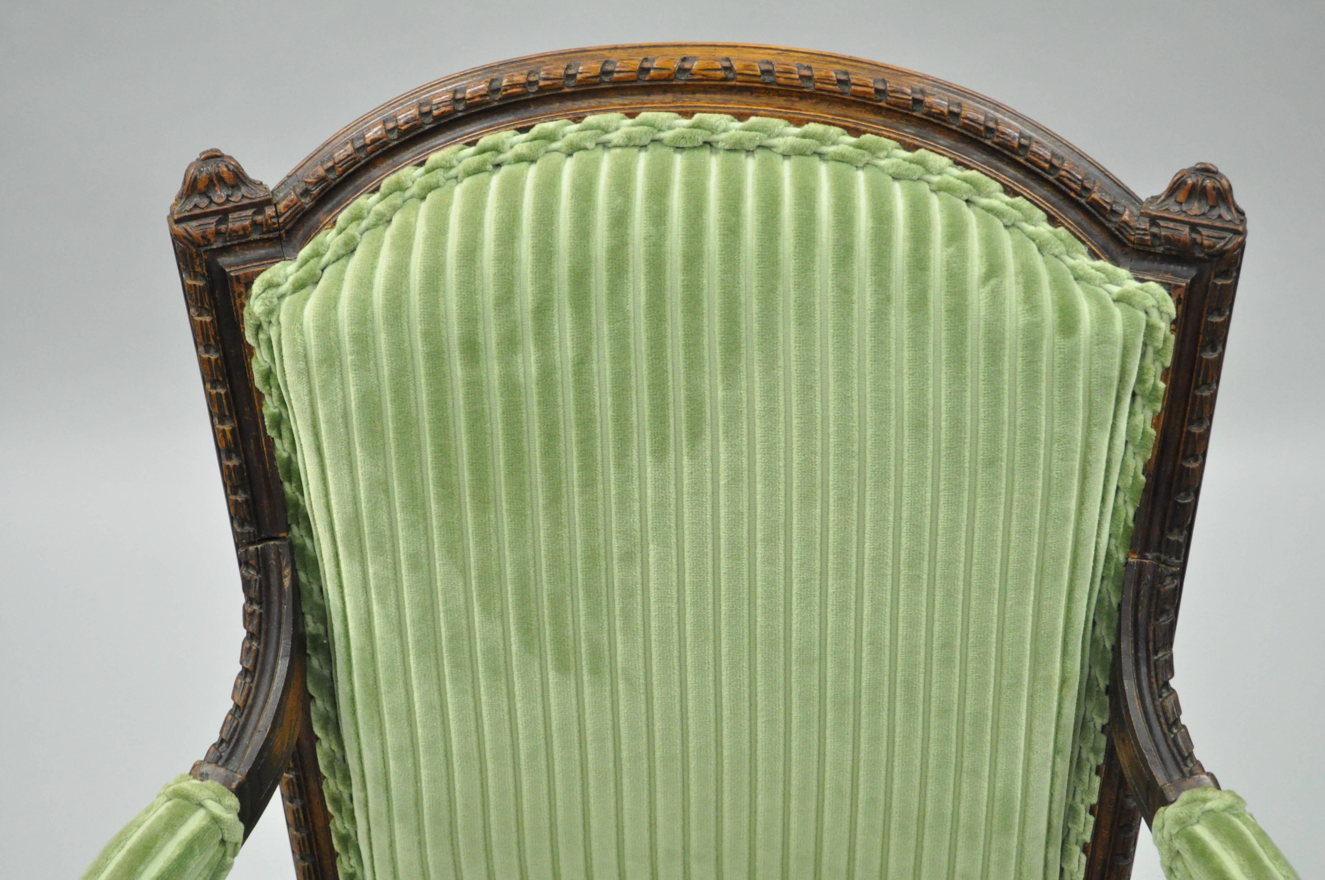 Louis XVI Pair of French Louix XVI Directoire Carved Walnut Green Fauteuil Arm Chairs