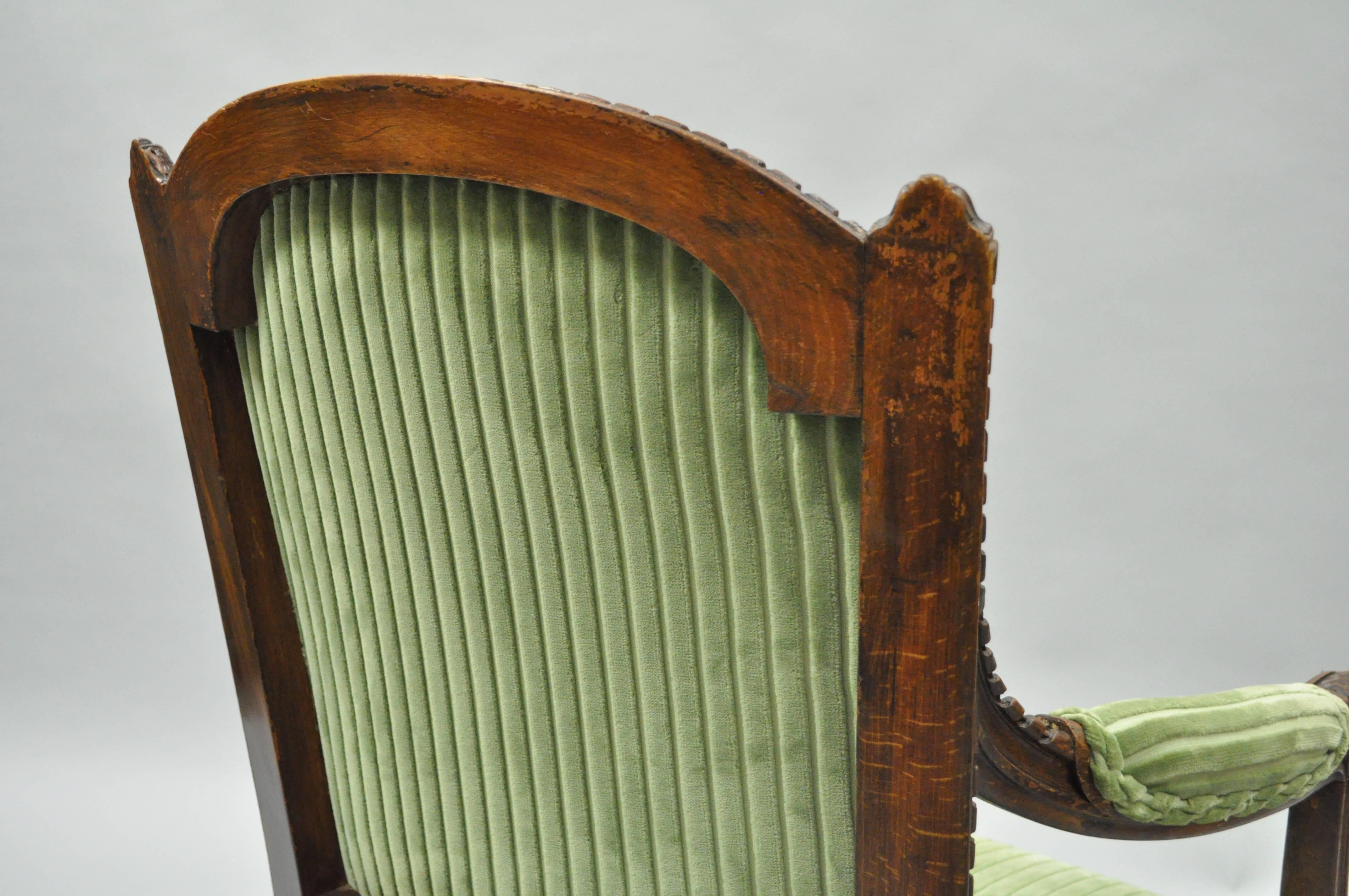 Pair of French Louix XVI Directoire Carved Walnut Green Fauteuil Arm Chairs 3