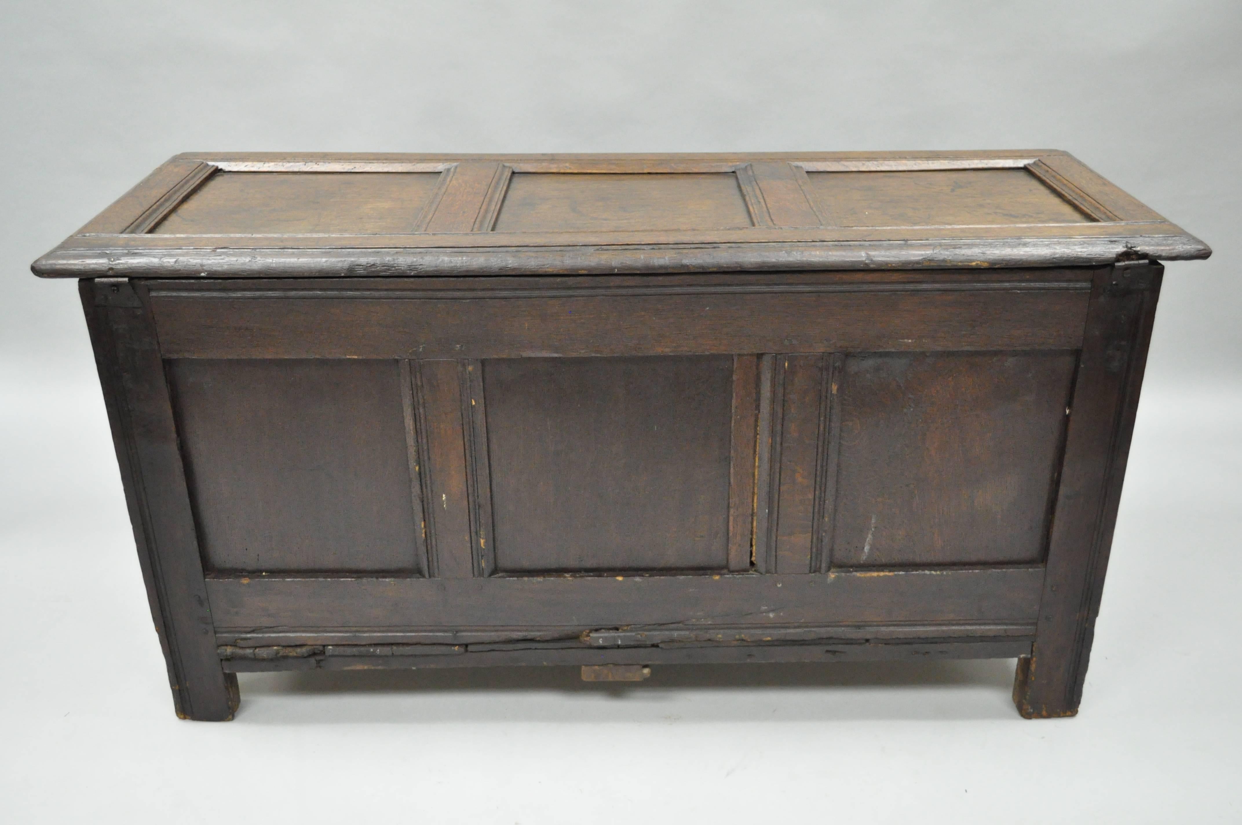 19th C. Three Panel Hand Carved Solid Oak European Coffer Blanket Chest Trunk For Sale 4