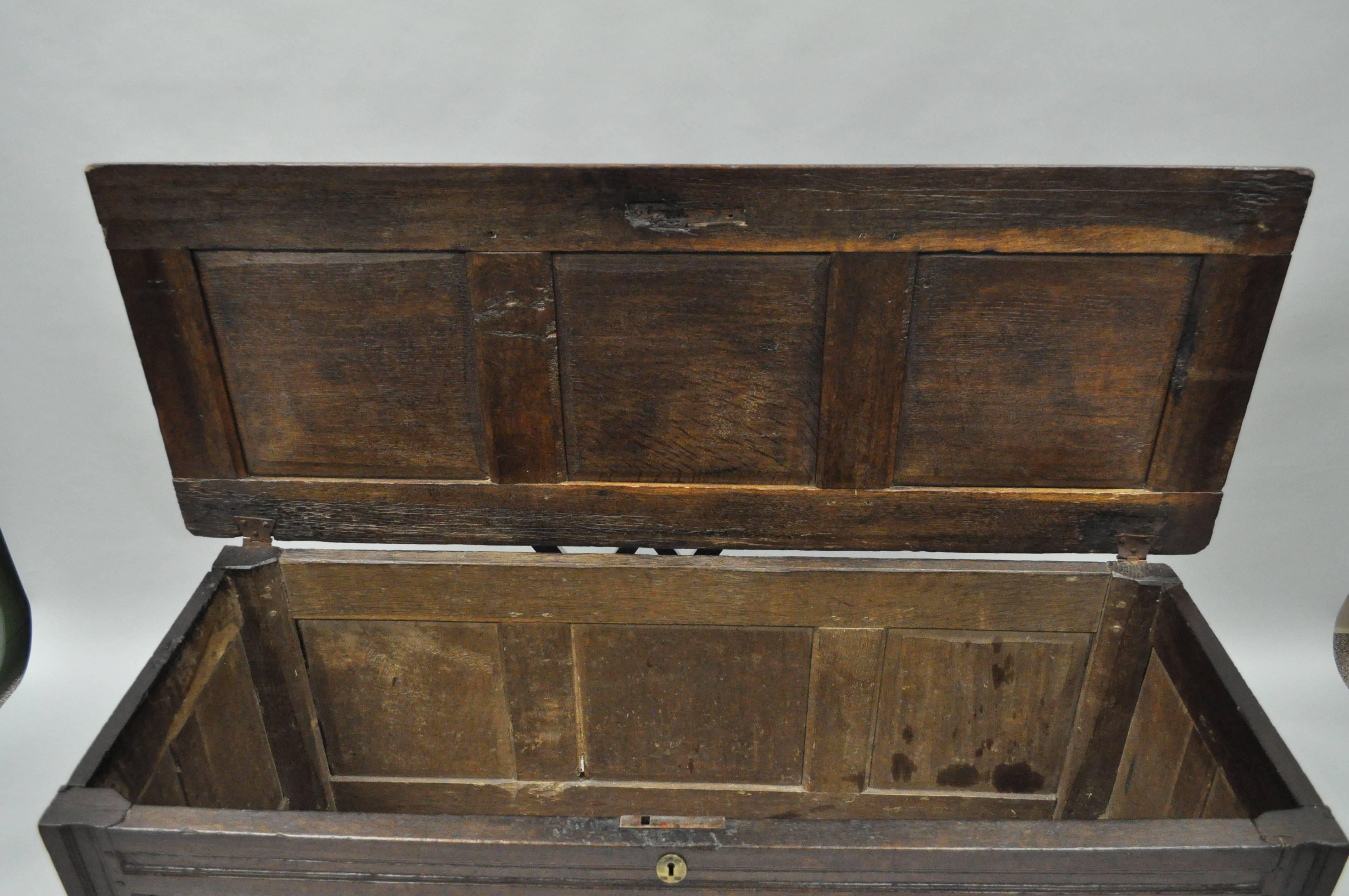 19th C. Three Panel Hand Carved Solid Oak European Coffer Blanket Chest Trunk For Sale 2