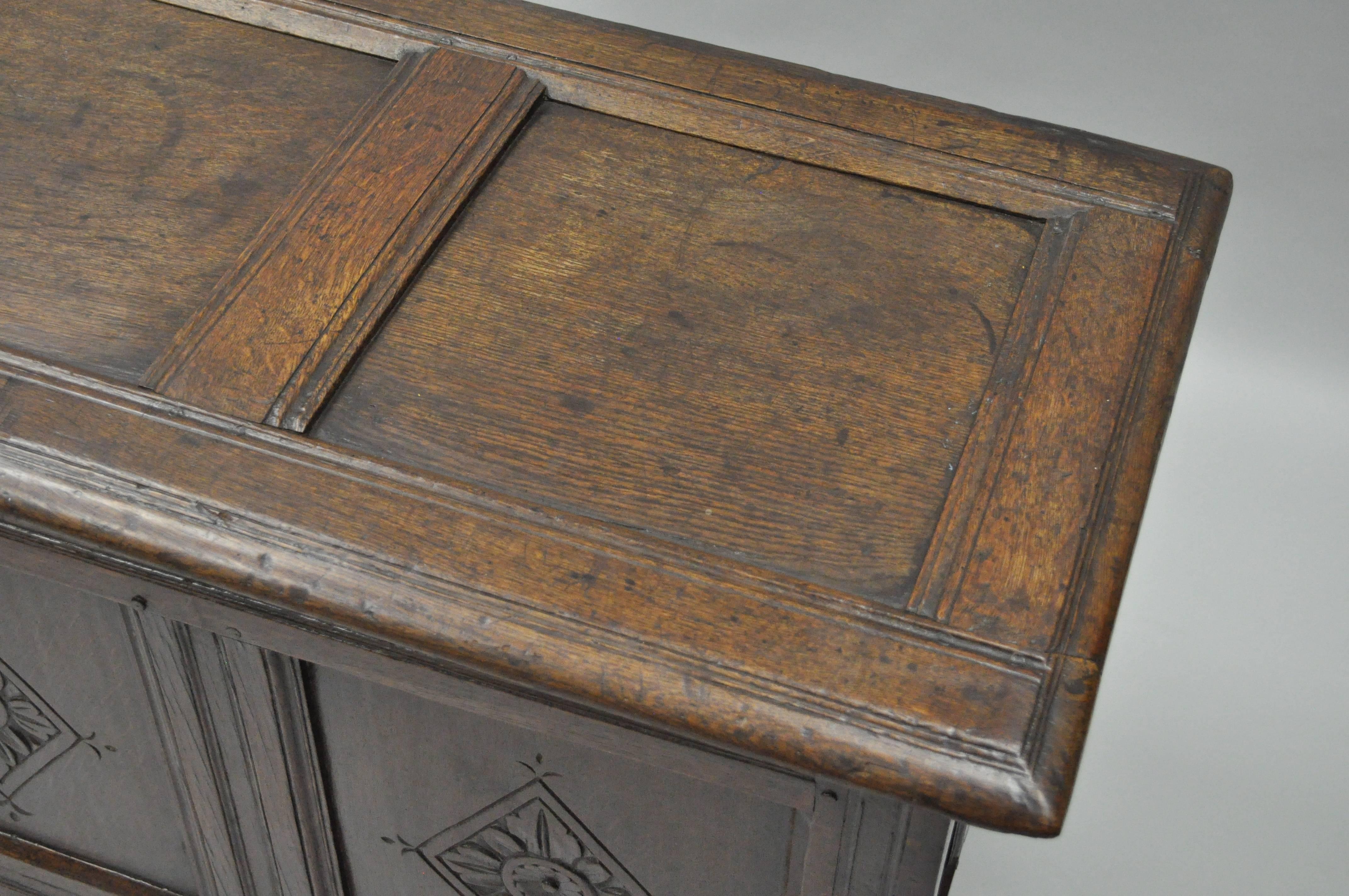 19th C. Three Panel Hand Carved Solid Oak European Coffer Blanket Chest Trunk For Sale 3
