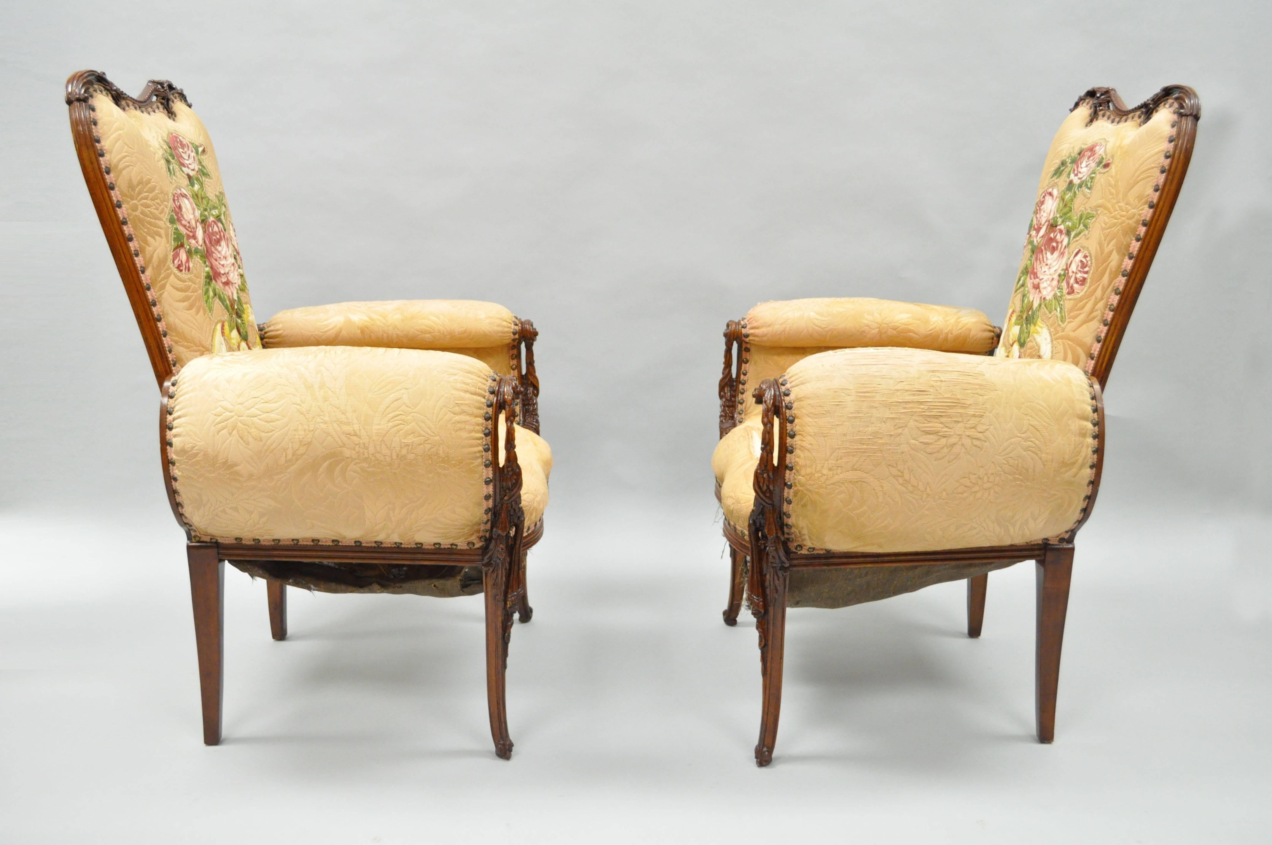 Mid-20th Century Pair of Carved Mahogany French Hollywood Regency Fireside Chairs Grosfeld House For Sale