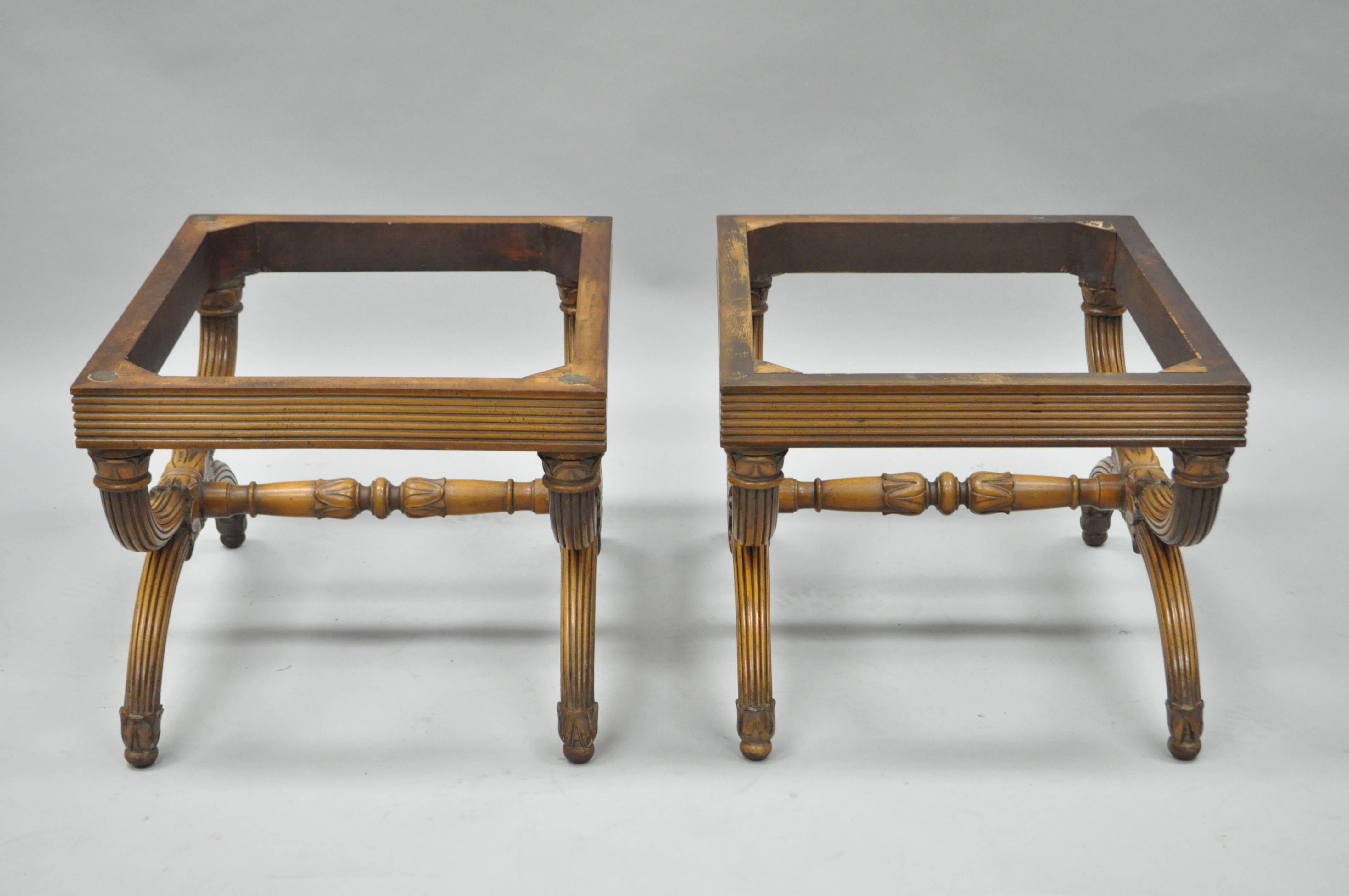 Pair of Carved Walnut French Neoclassical Style Curule X-Form Benches or Stools 1