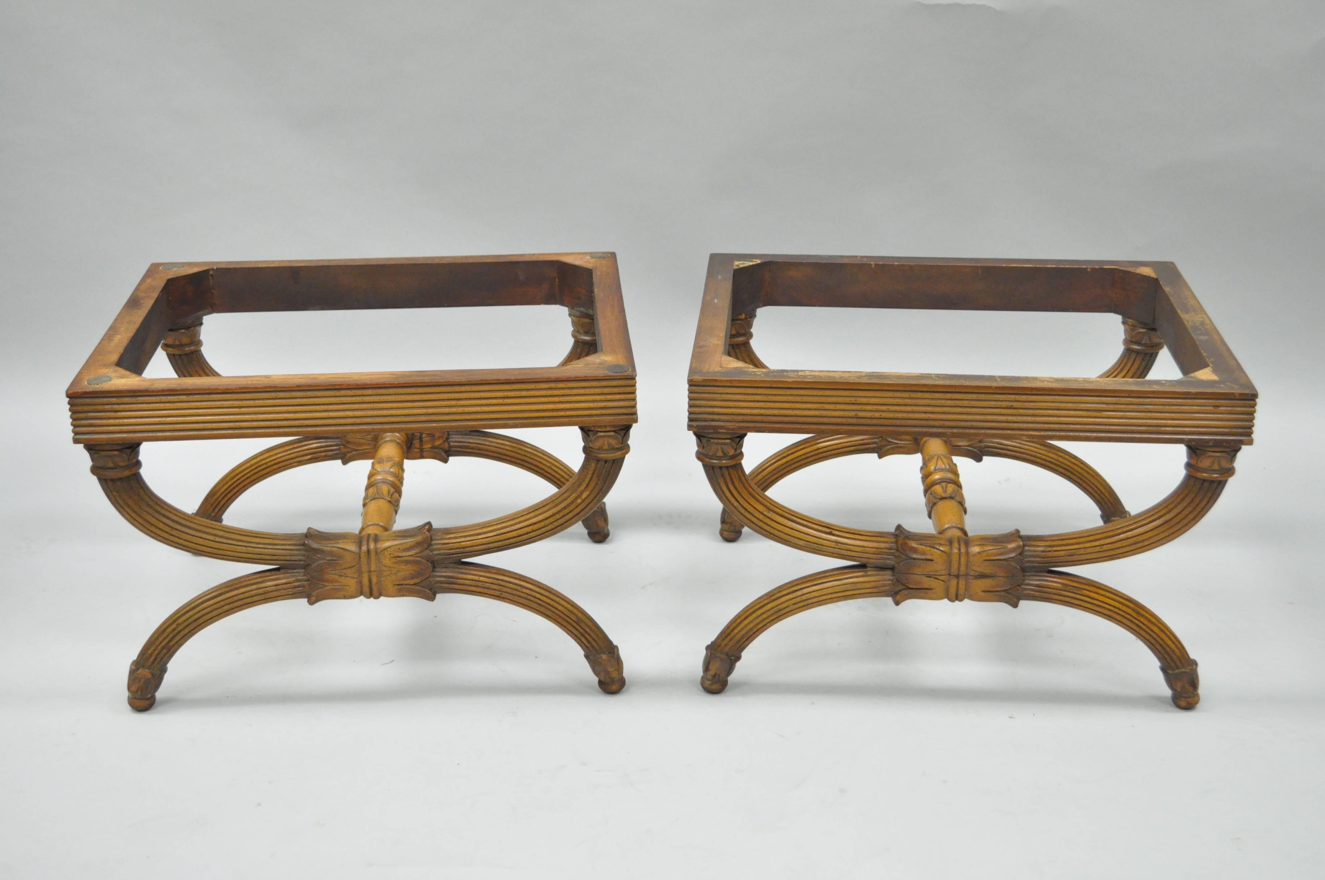 Mid-20th Century Pair of Carved Walnut French Neoclassical Style Curule X-Form Benches or Stools