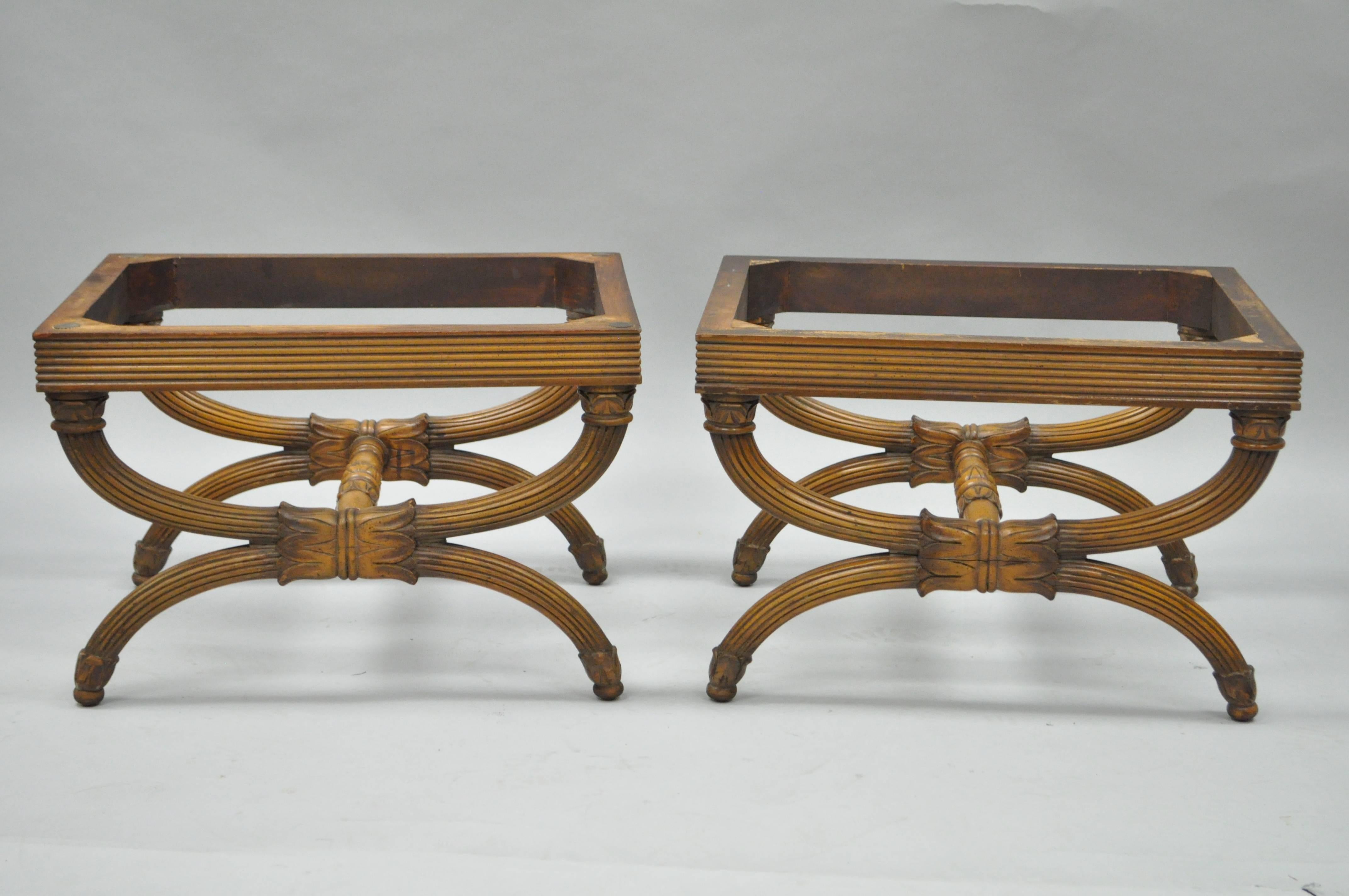 Pair of vintage rectangular solid carved walnut French neoclassical style curule X-form bases. Bases feature shapely carved walnut frames, stretcher supports, bell flower carved accents, great quality and form. The listing is for the un-upholstered