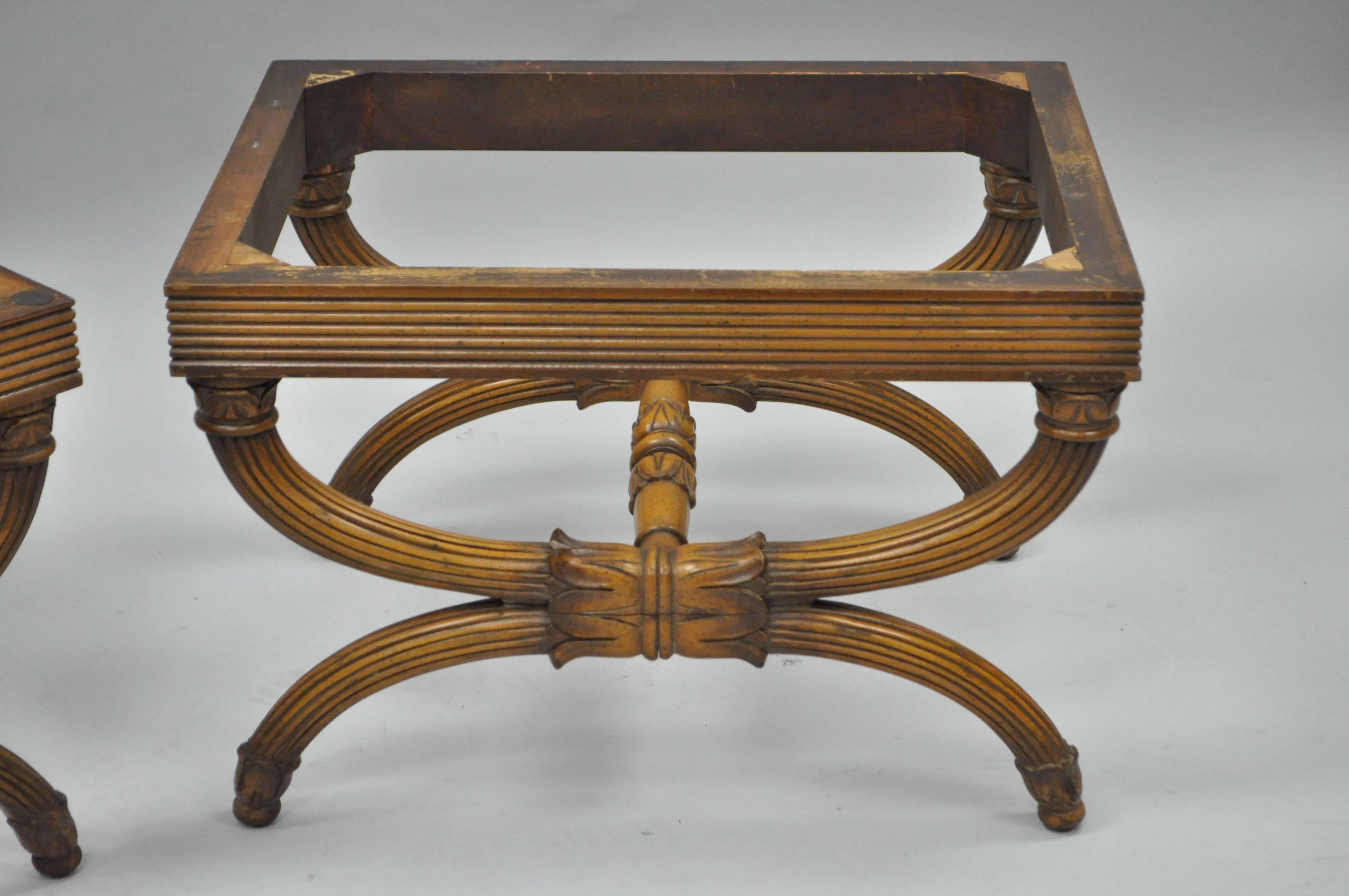 American Pair of Carved Walnut French Neoclassical Style Curule X-Form Benches or Stools