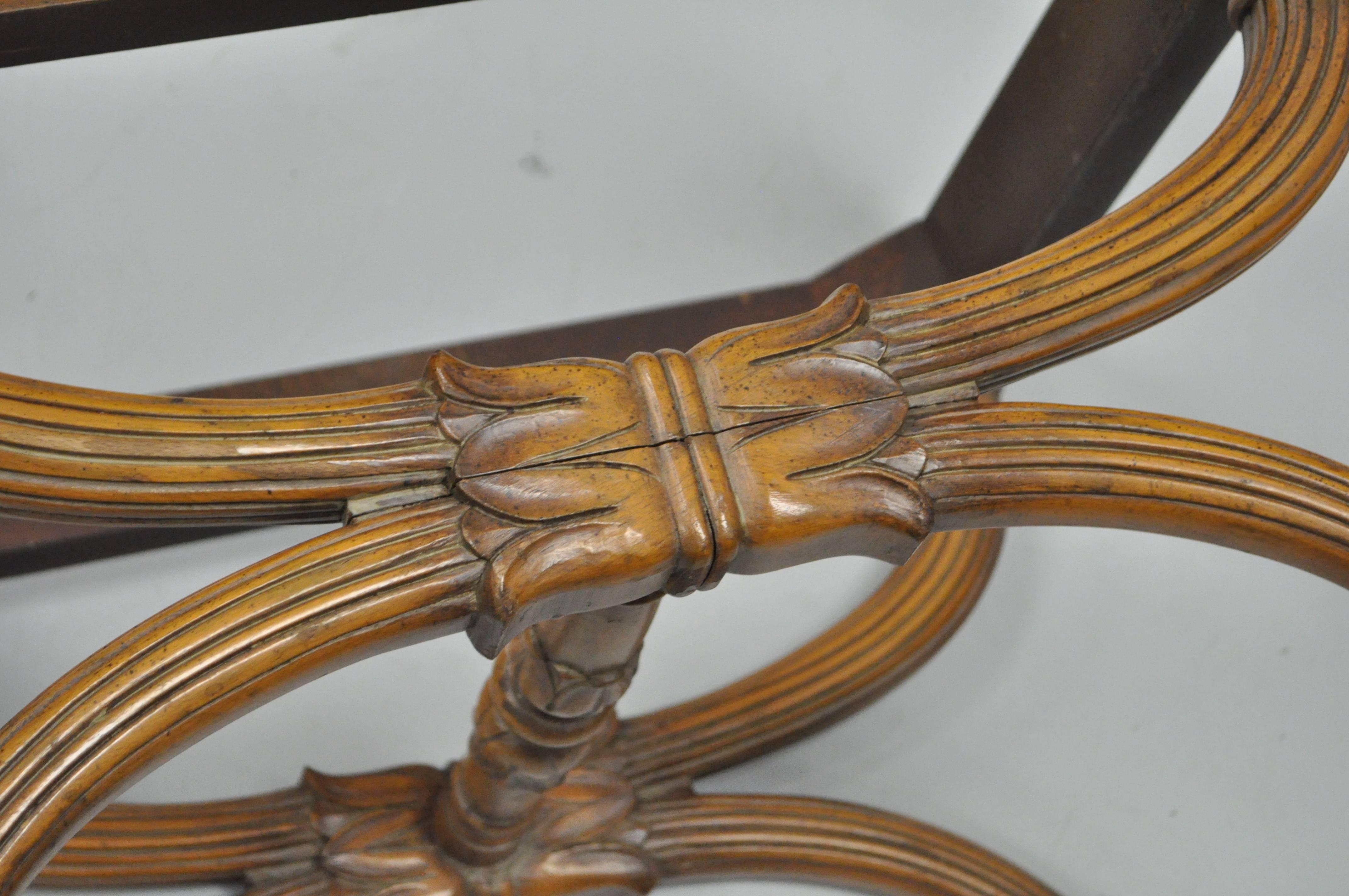 Pair of Carved Walnut French Neoclassical Style Curule X-Form Benches or Stools 2
