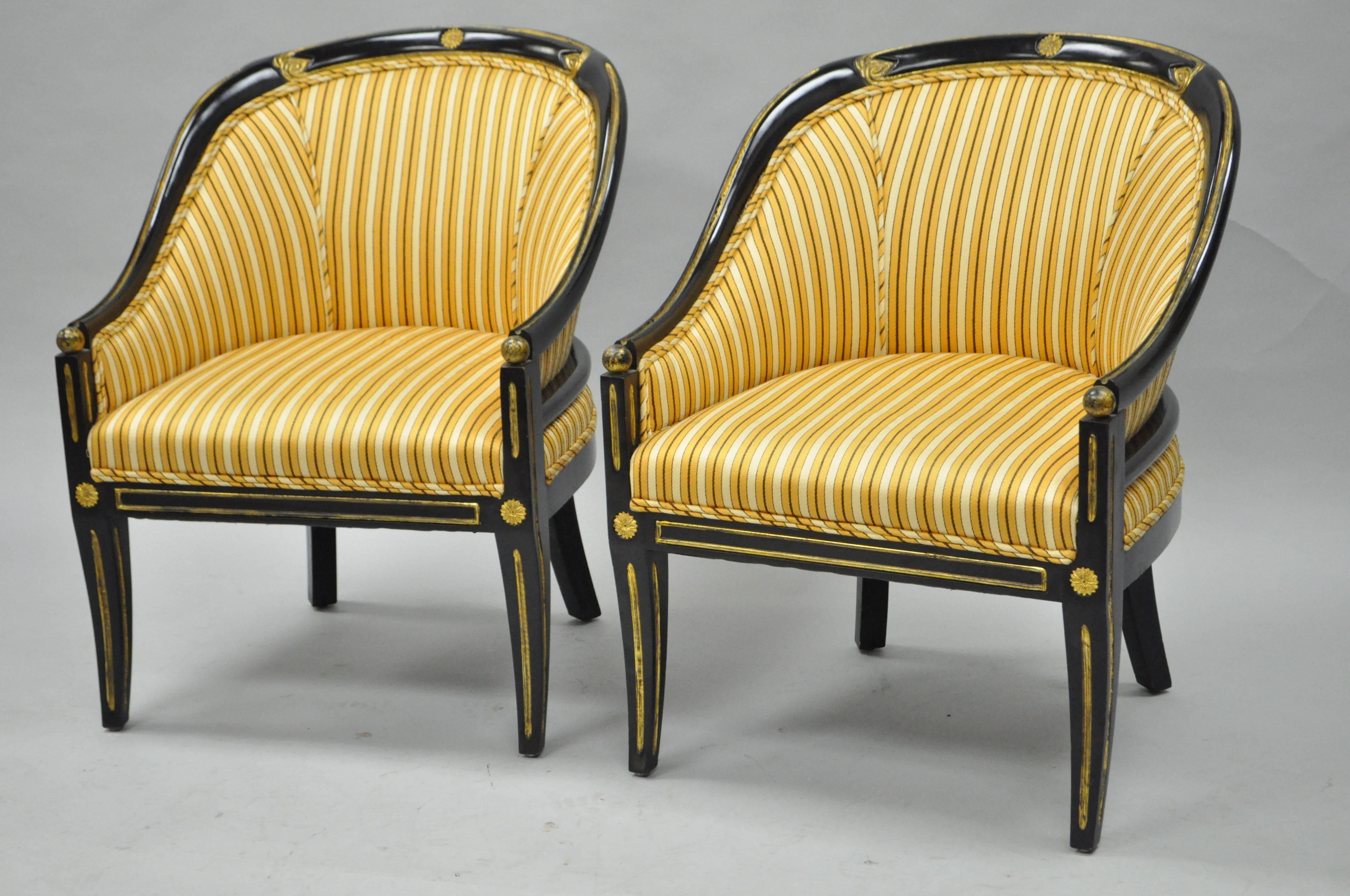 Mid-20th Century Pair Black Ebonized Gold Regency Barrel Back Slipper Accent Club Lounge Chairs