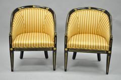 Pair Black Ebonized Gold Regency Barrel Back Slipper Accent Club Lounge Chairs
