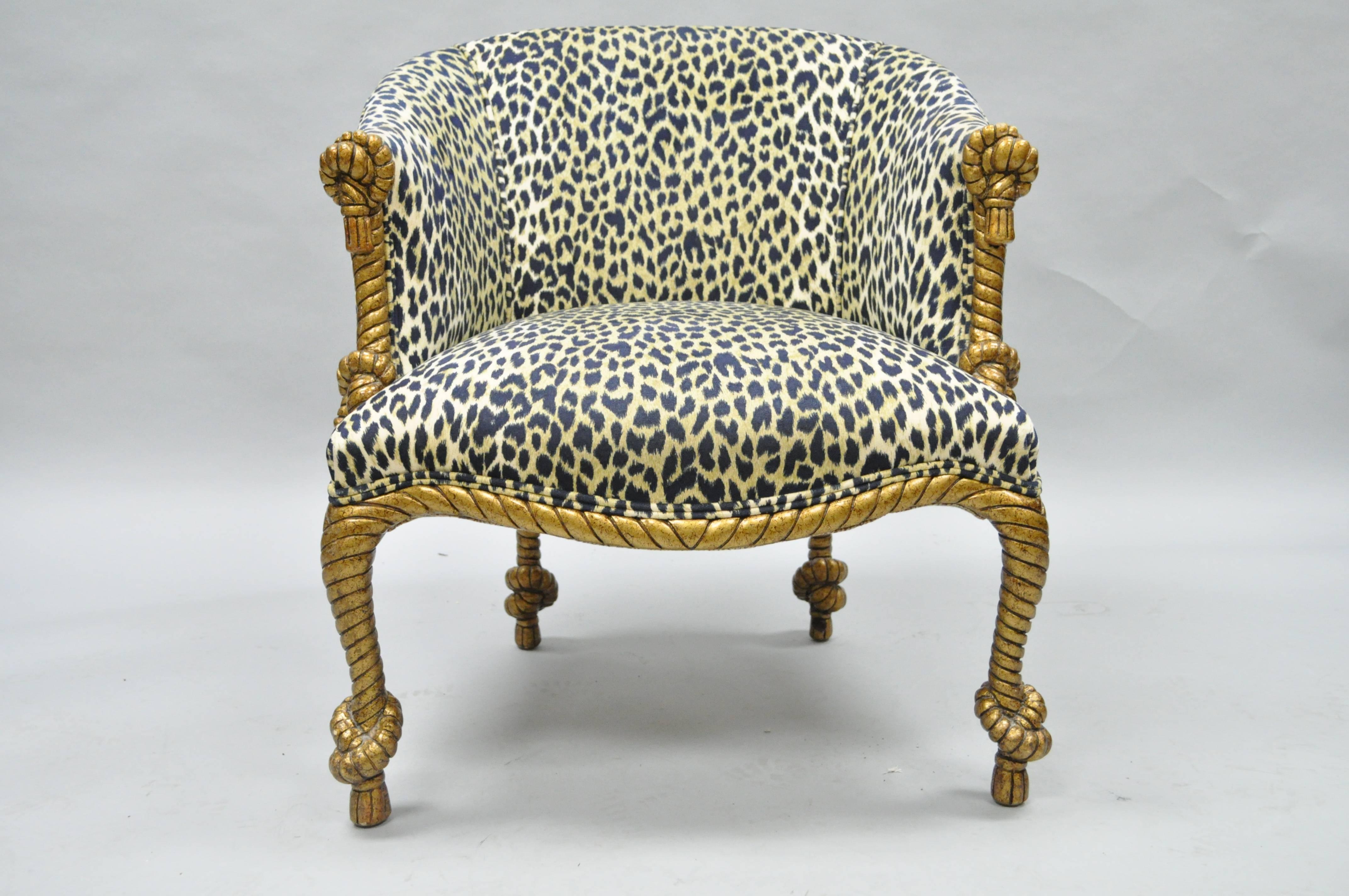 Vintage Italian Napoleon III style rope and tassel carved chair. Item features a solid carved wood barrel back frame, gold finish, leopard print upholstery (looks to be dark blue), great overall form and quality.