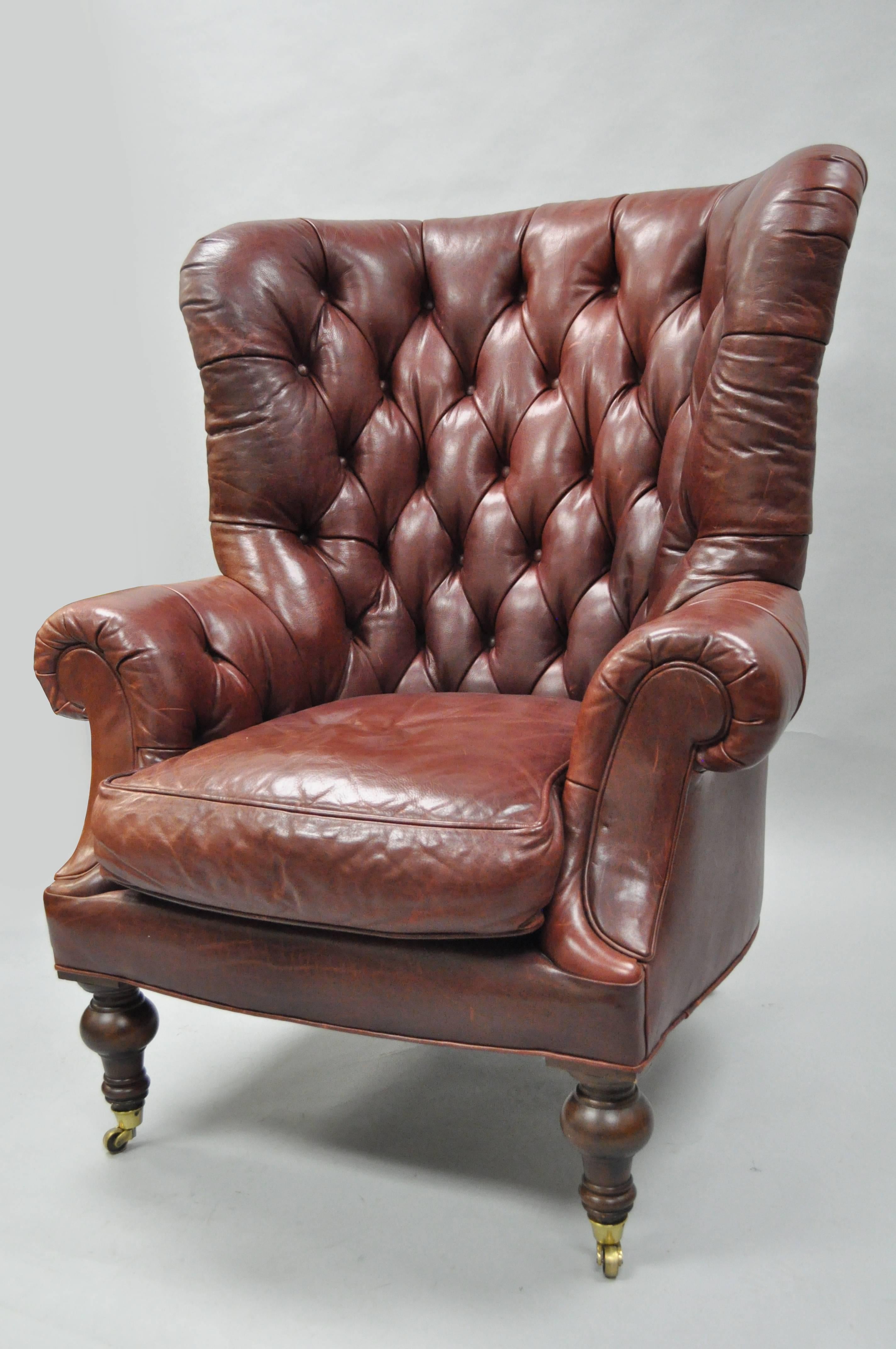 Oversized Lillian August Brown Tufted Leather English Chesterfield Wing Chair 2