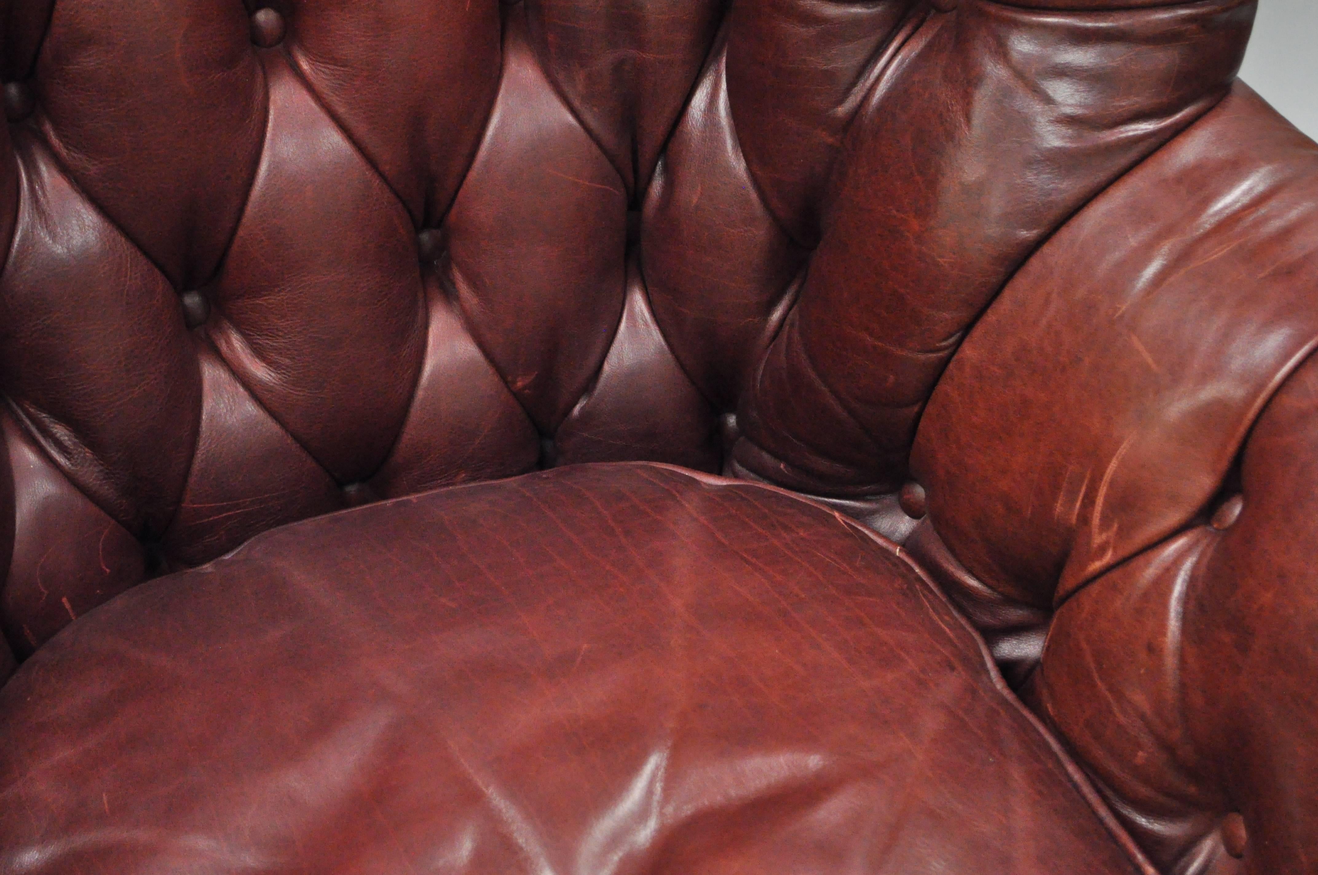 American Oversized Lillian August Brown Tufted Leather English Chesterfield Wing Chair