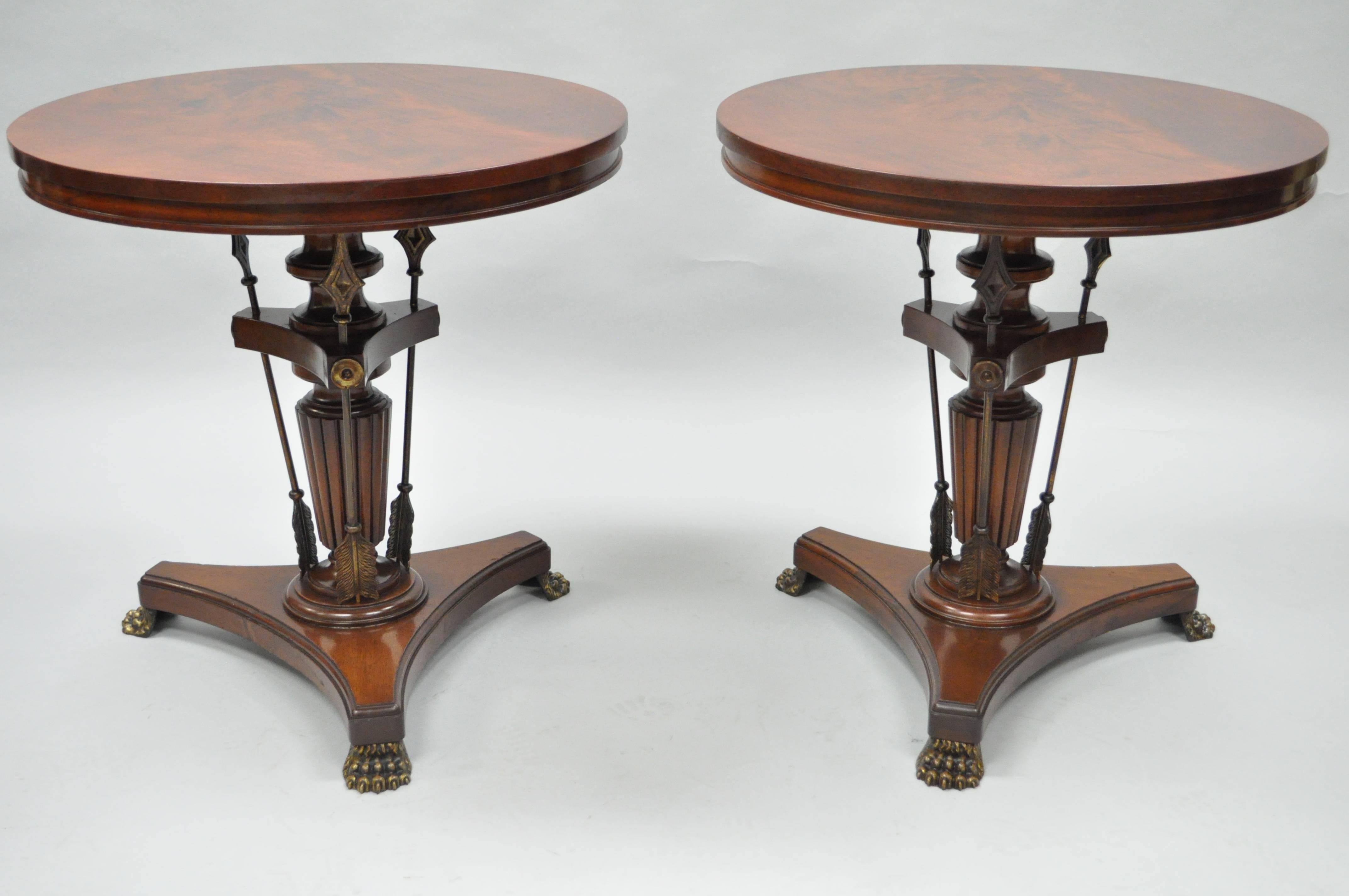 Pair of Crotch Mahogany & Brass Neoclassical Style Arrow Base Round Side Tables 5