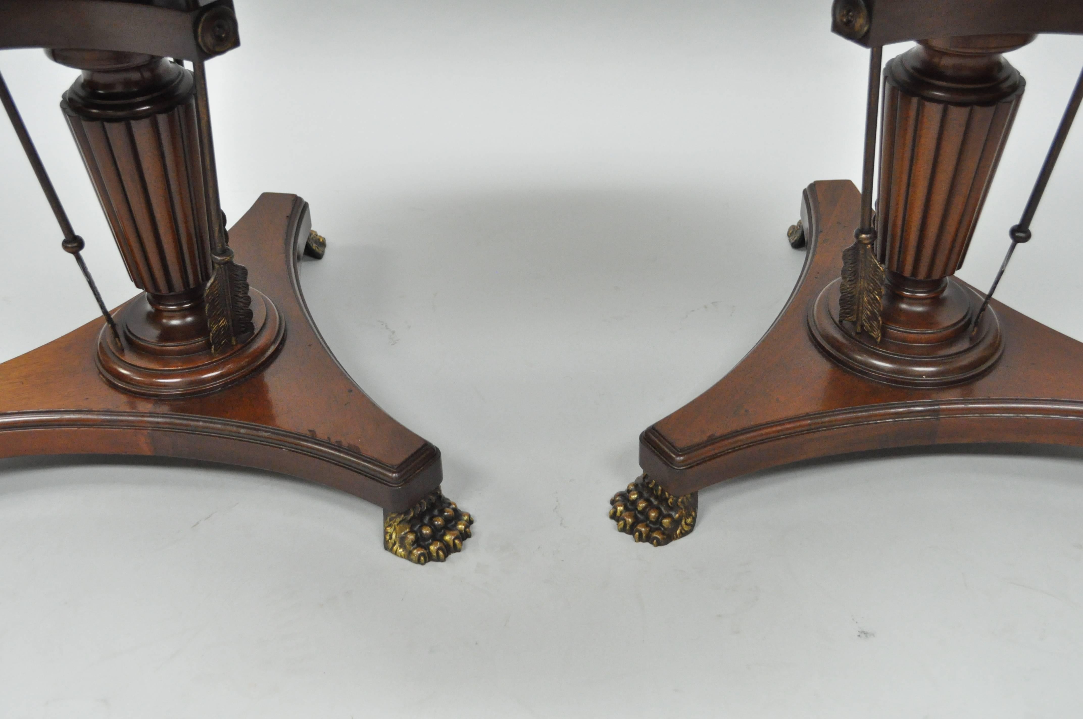 Mid-20th Century Pair of Crotch Mahogany & Brass Neoclassical Style Arrow Base Round Side Tables