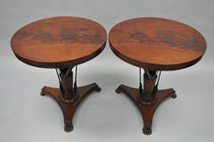 Pair of Crotch Mahogany & Brass Neoclassical Style Arrow Base Round Side Tables