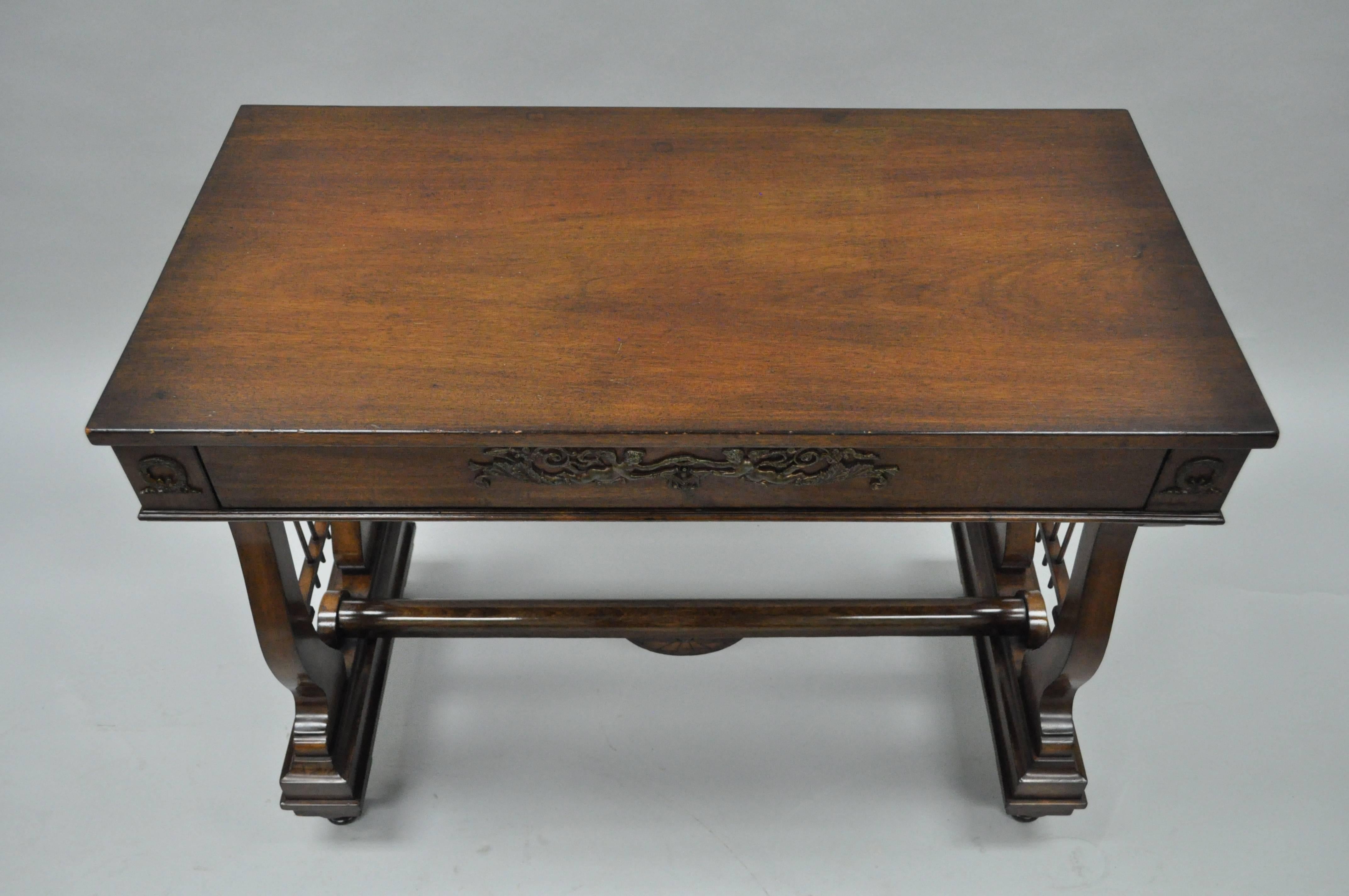 French Neoclassical Regency Style Mahogany One-Drawer Lyre Desk Console Table In Good Condition For Sale In Philadelphia, PA