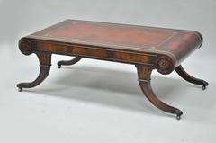 Vintage Weiman Regency Tooled Leather Scroll Top Crotch Mahogany Coffee Table